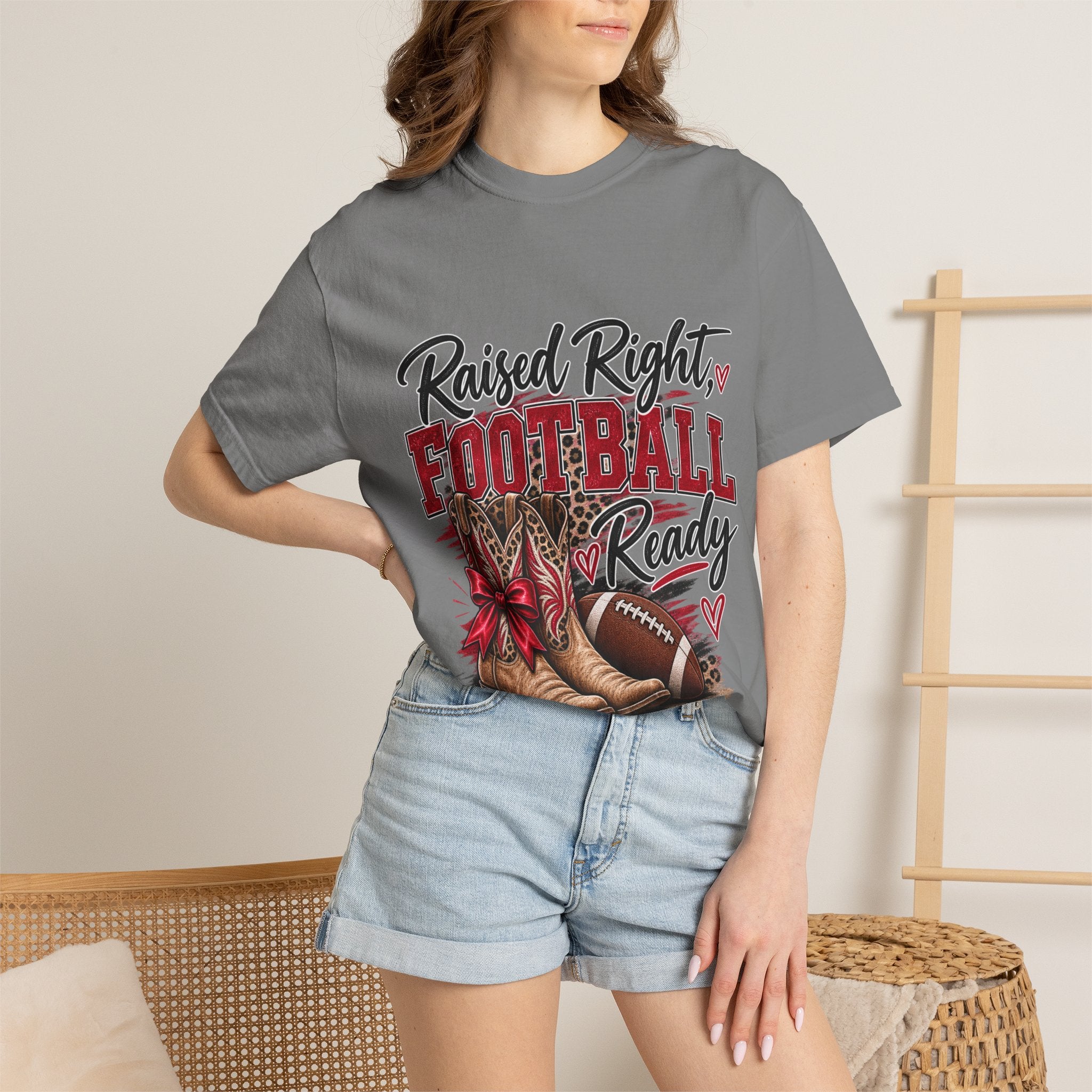Raised Right Football Ready T‑Shirt — Cowboy Boots & Football Mom Tee
