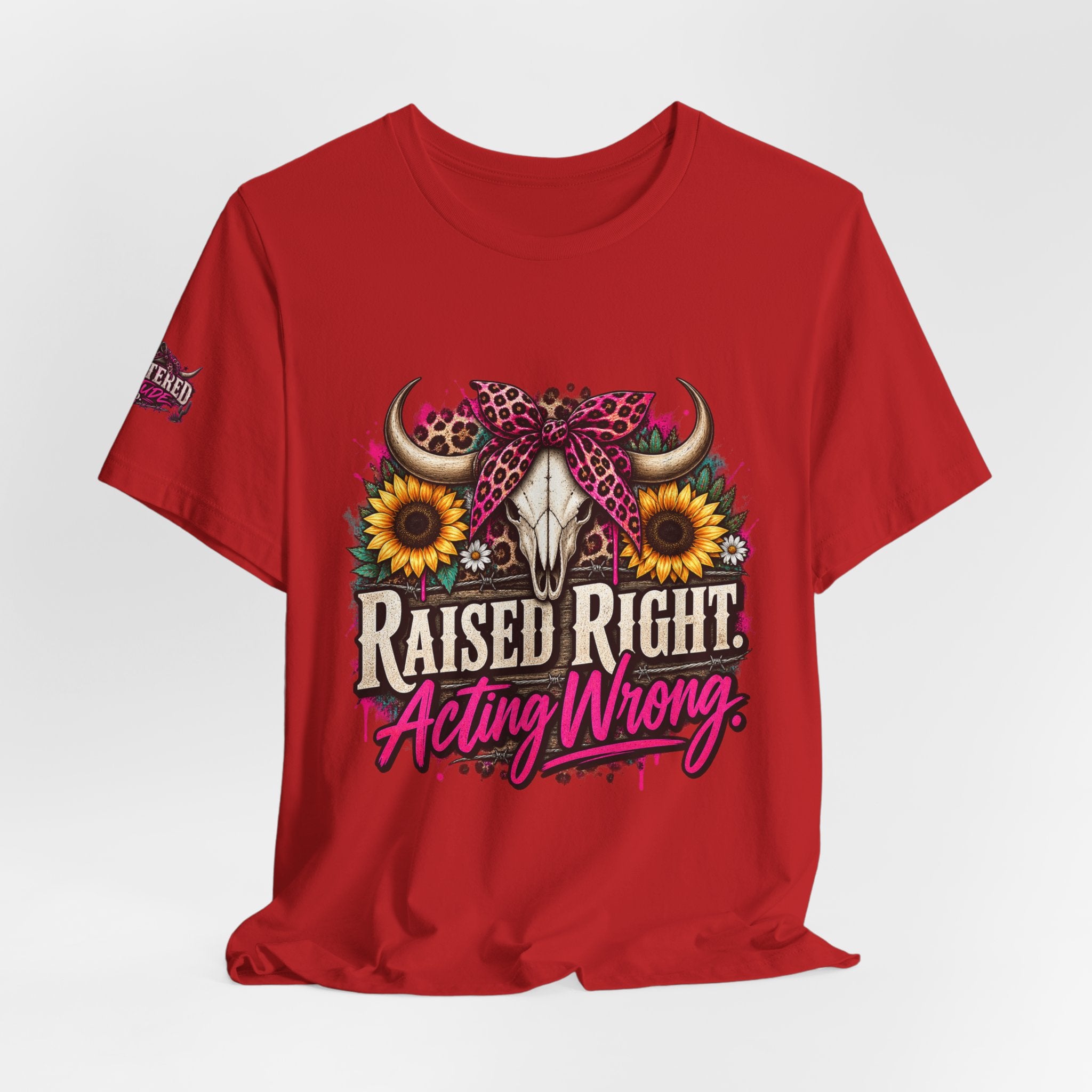 Raised Right Acting Wrong Tee — Cow Skull, Sunflower & Leopard Bandana Graphic Shirt