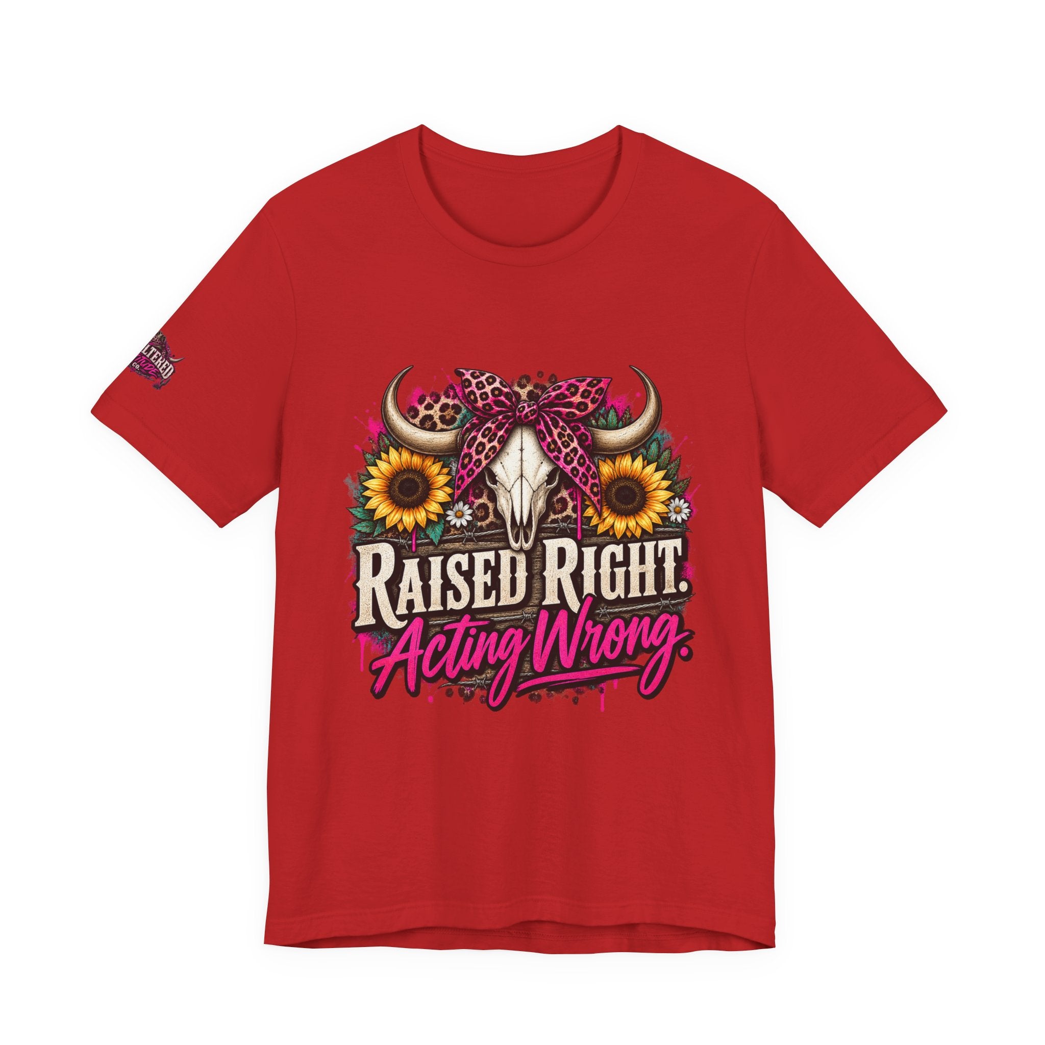 Raised Right Acting Wrong Tee — Cow Skull, Sunflower & Leopard Bandana Graphic Shirt