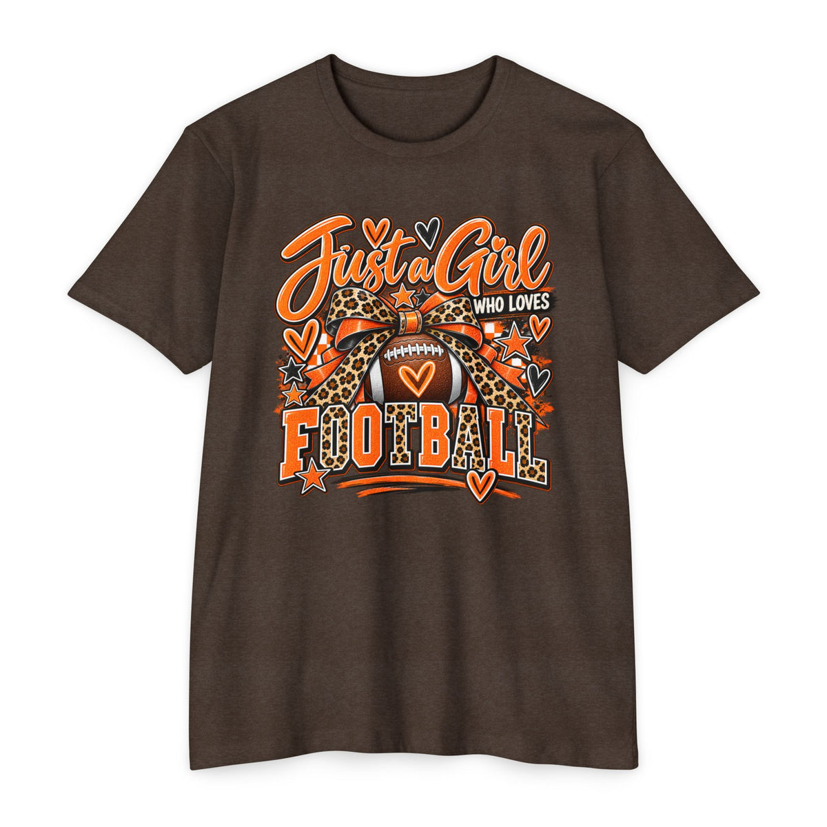 Just a Girl Who Loves Football – Orange & White Game Day Graphic Tee