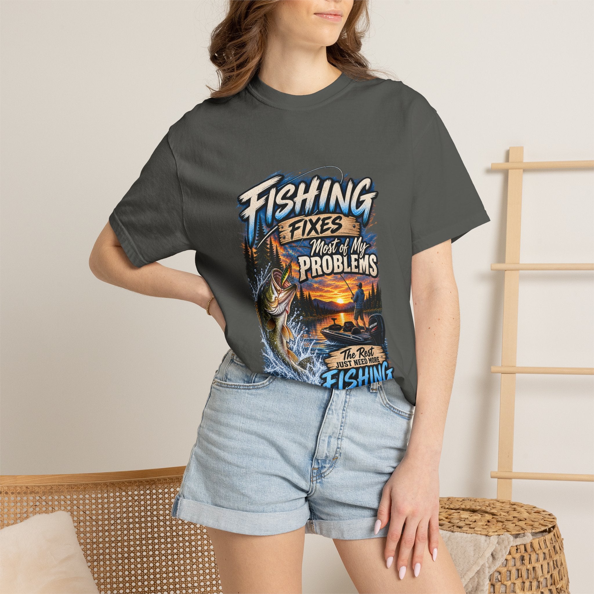 Fishing Fixes Most of My Problems T-Shirt — Bass Sunset Fishing Tee