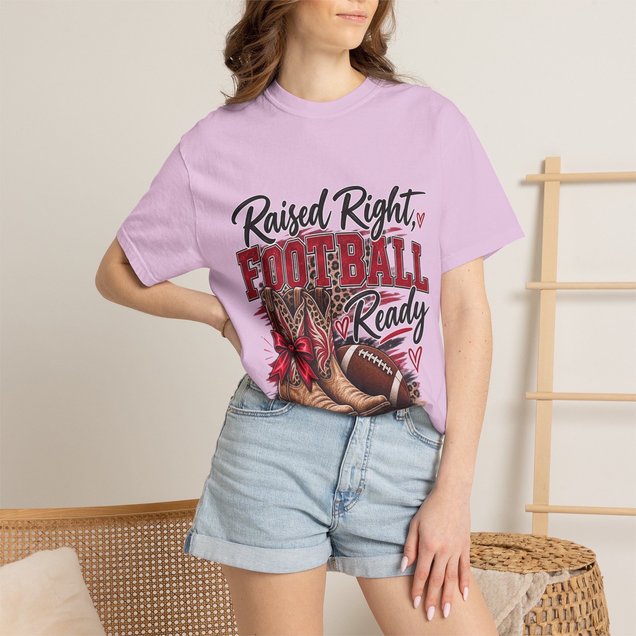 Raised Right Football Ready T‑Shirt — Cowboy Boots & Football Mom Tee