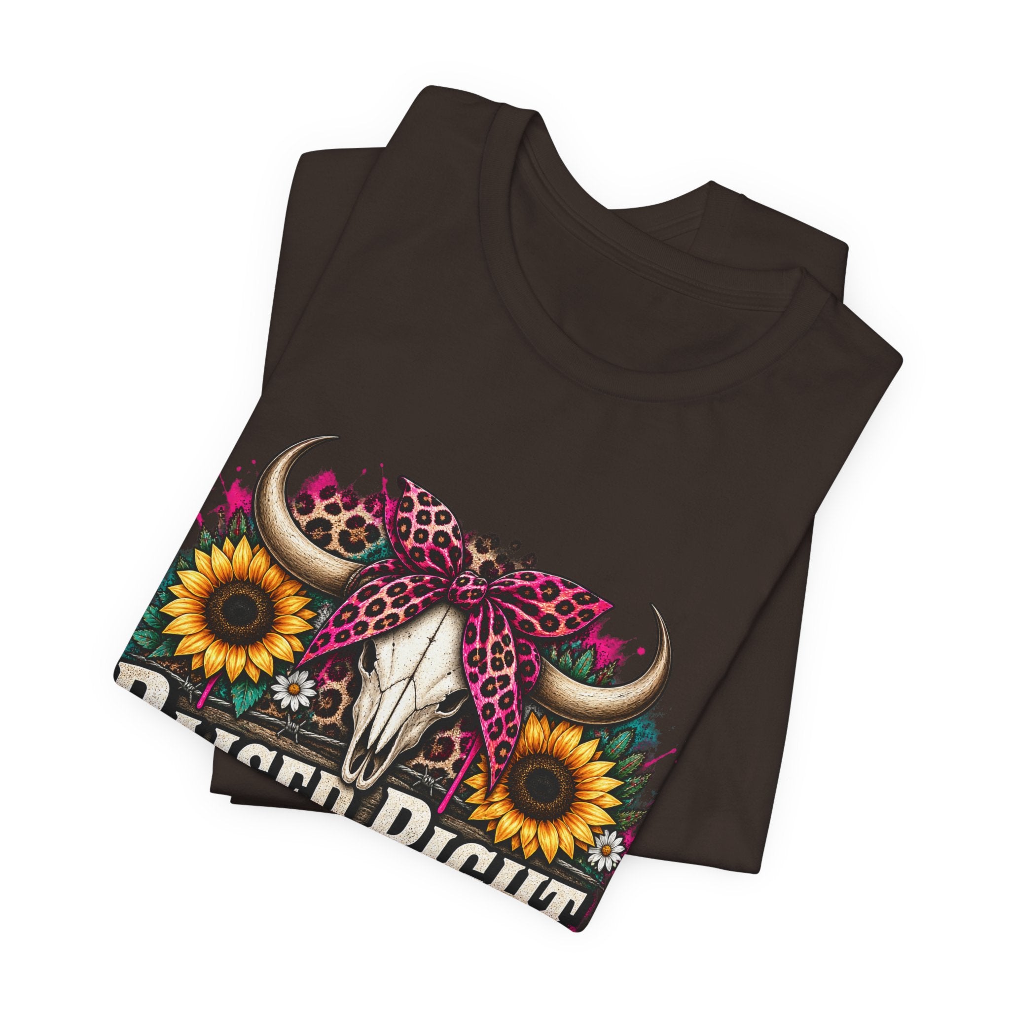 Raised Right Acting Wrong Tee — Cow Skull, Sunflower & Leopard Bandana Graphic Shirt