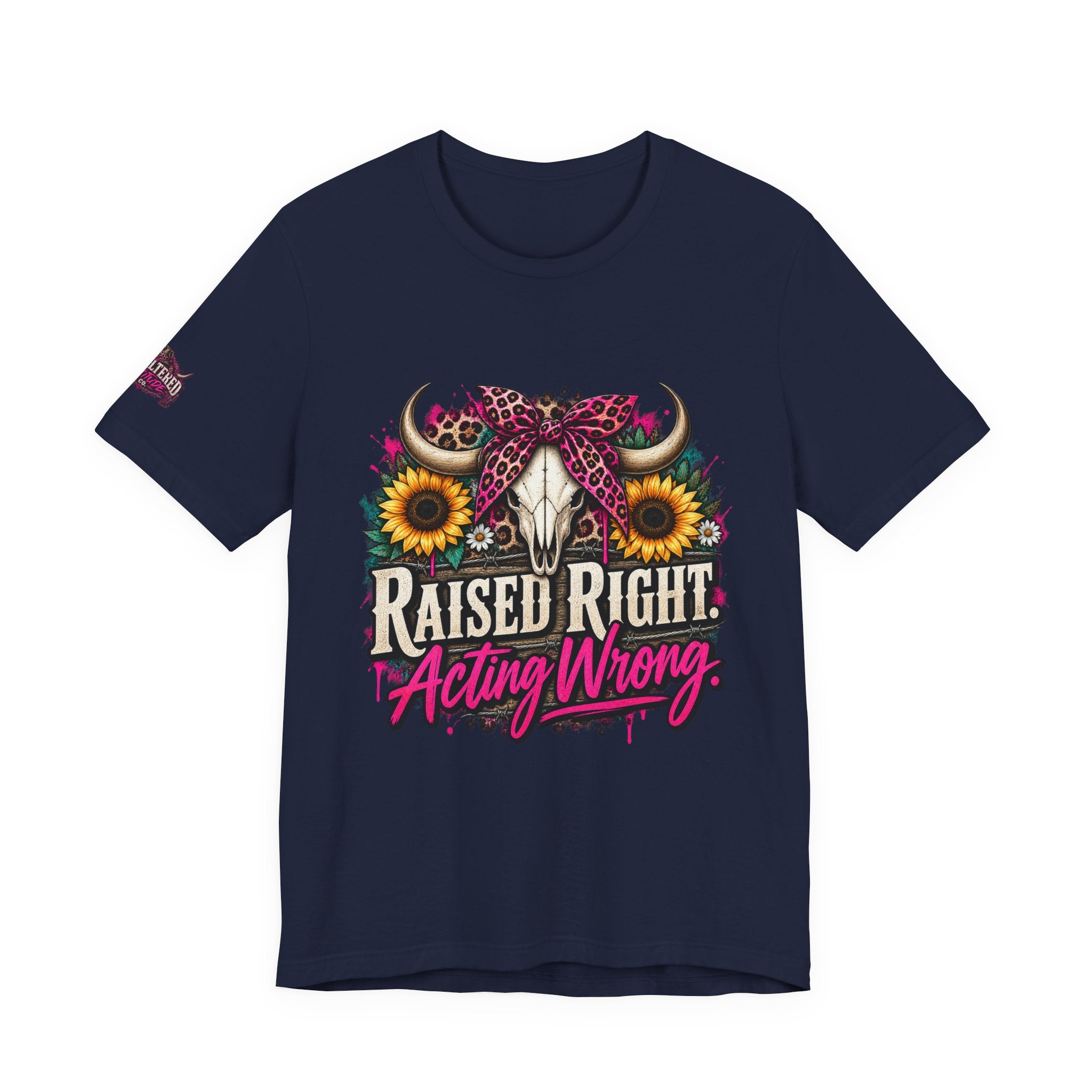 Raised Right Acting Wrong Tee — Cow Skull, Sunflower & Leopard Bandana Graphic Shirt