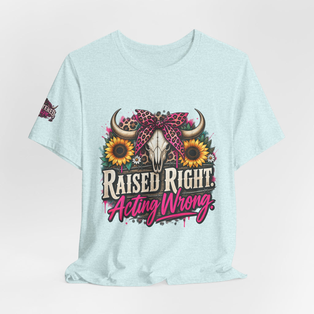 Raised Right Acting Wrong Tee — Cow Skull, Sunflower & Leopard Bandana Graphic Shirt