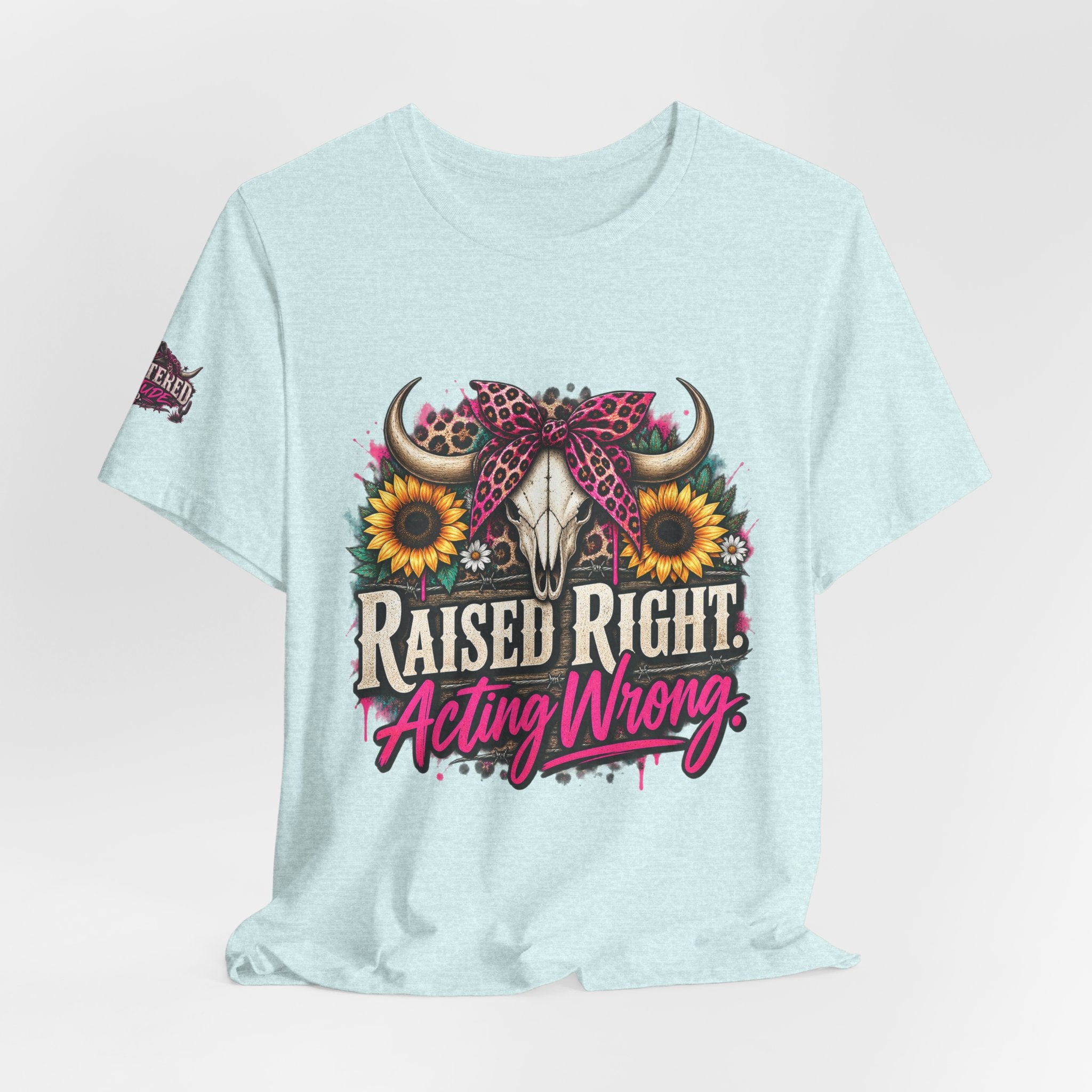 Raised Right Acting Wrong Tee — Cow Skull, Sunflower & Leopard Bandana Graphic Shirt