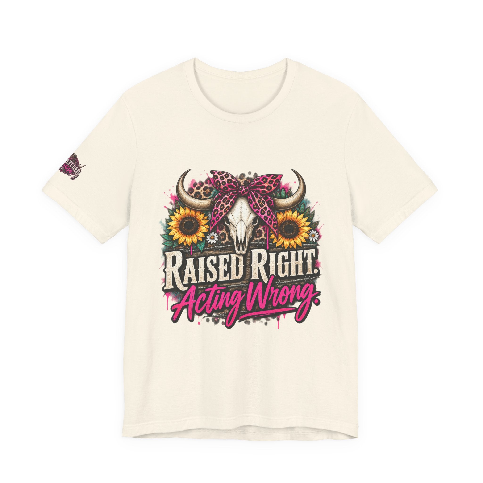 Raised Right Acting Wrong Tee — Cow Skull, Sunflower & Leopard Bandana Graphic Shirt
