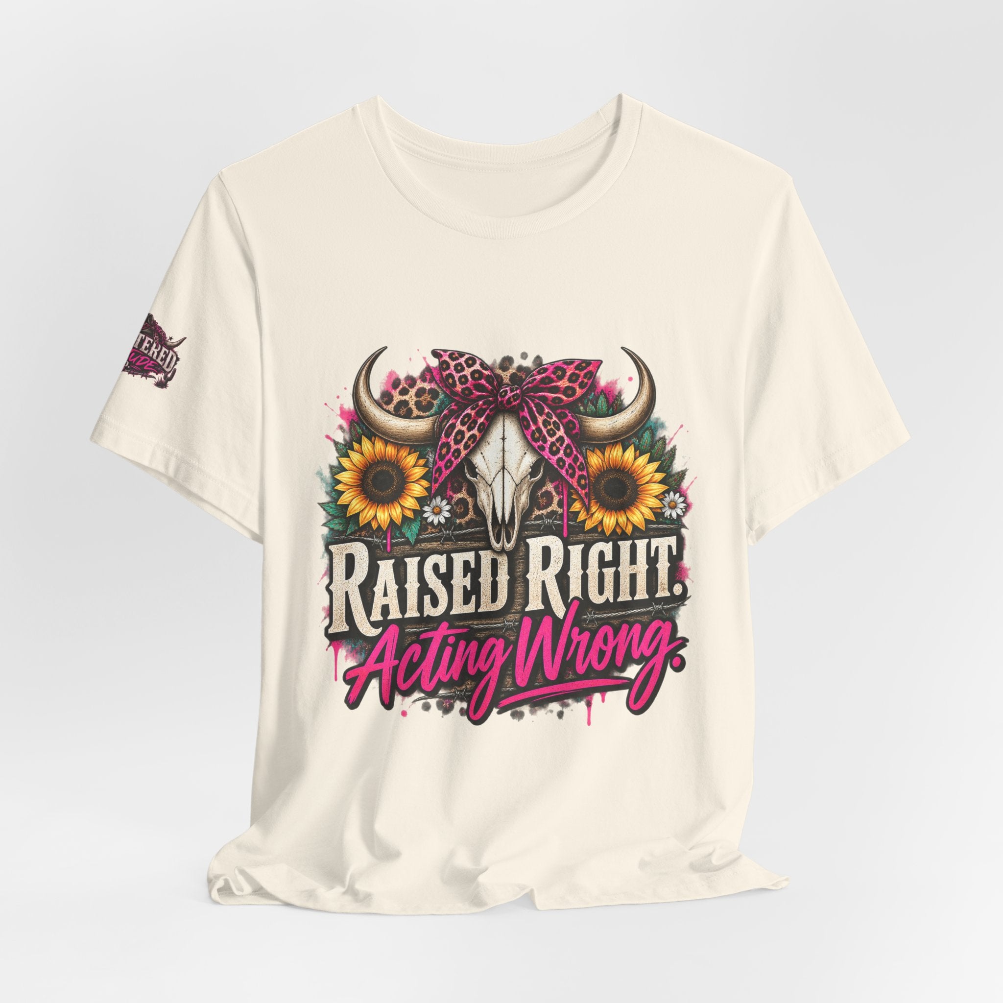 Raised Right Acting Wrong Tee — Cow Skull, Sunflower & Leopard Bandana Graphic Shirt