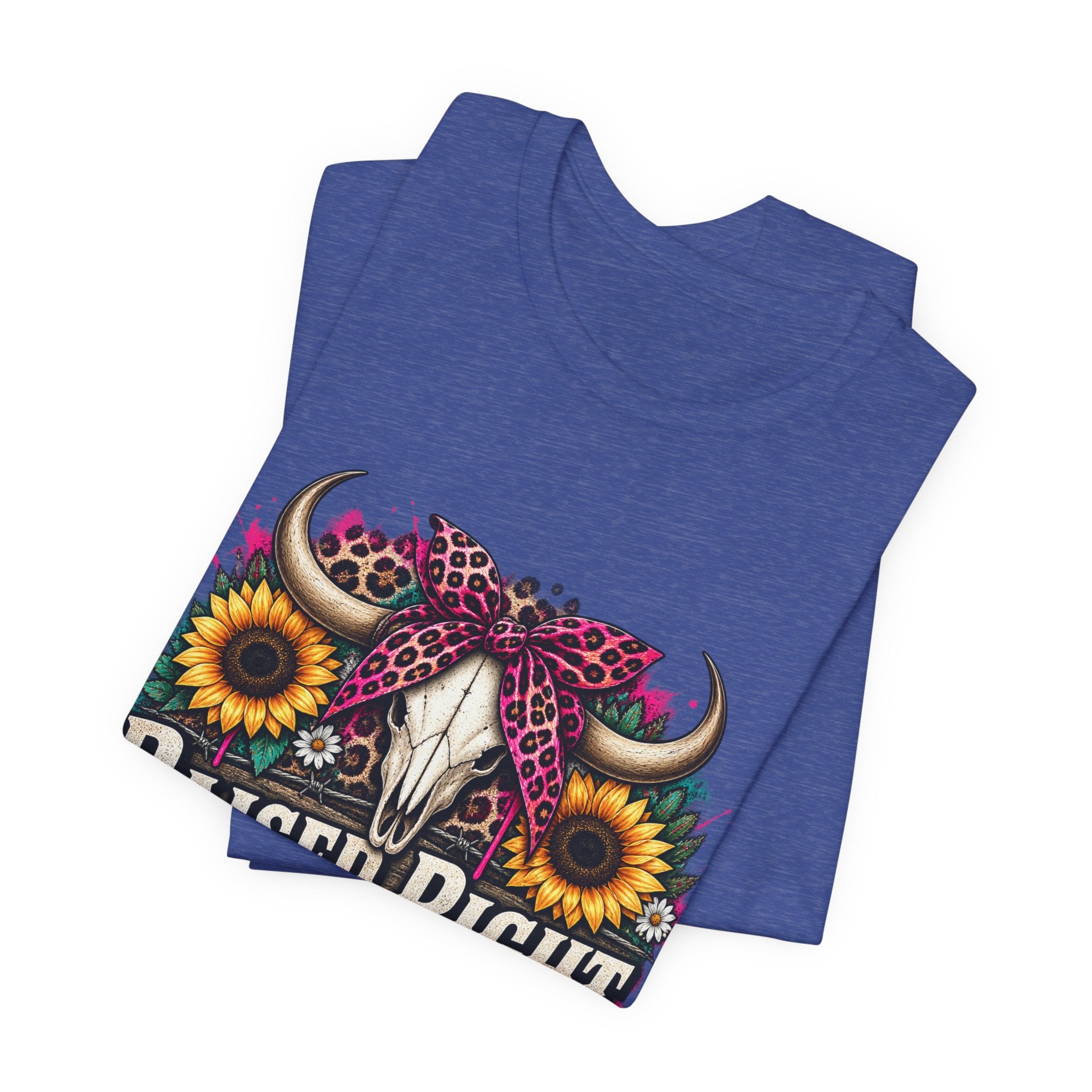 Raised Right Acting Wrong Tee — Cow Skull, Sunflower & Leopard Bandana Graphic Shirt