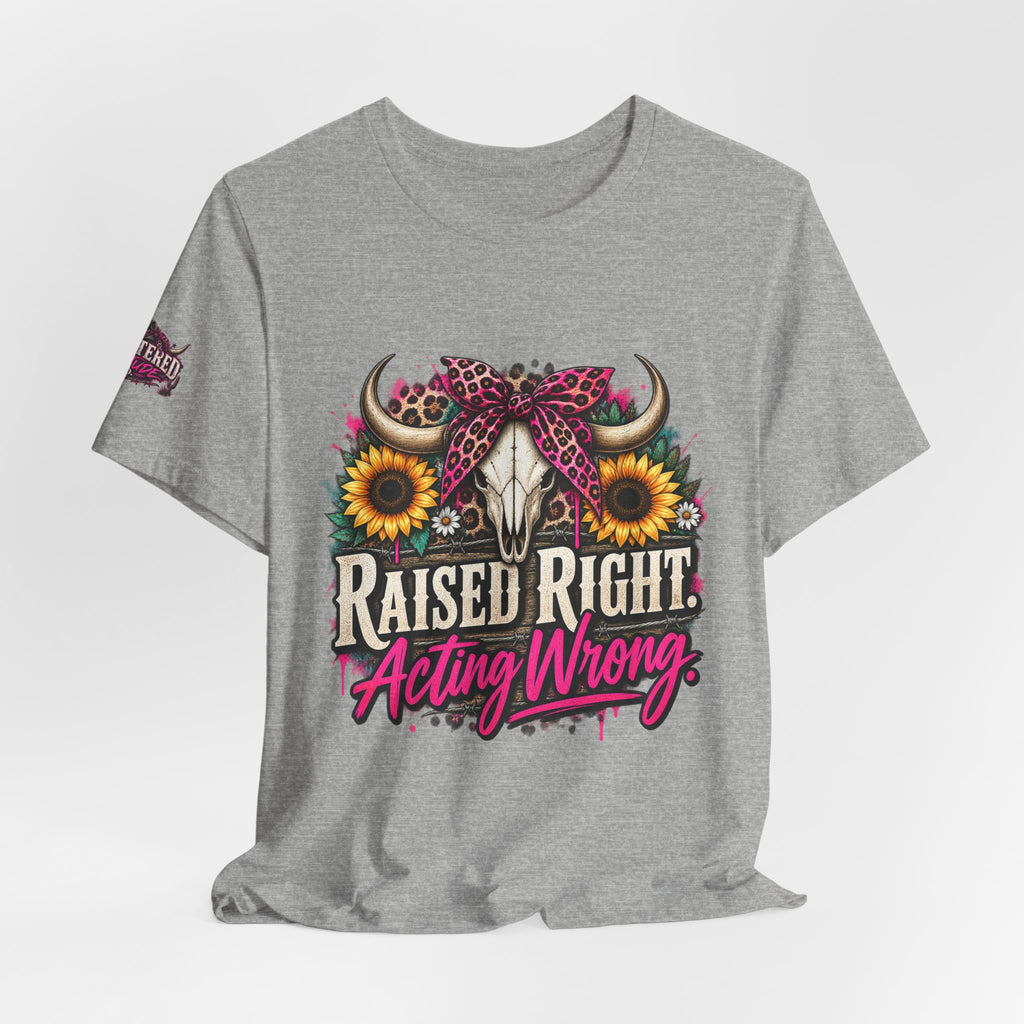 Raised Right Acting Wrong Tee — Cow Skull, Sunflower & Leopard Bandana Graphic Shirt