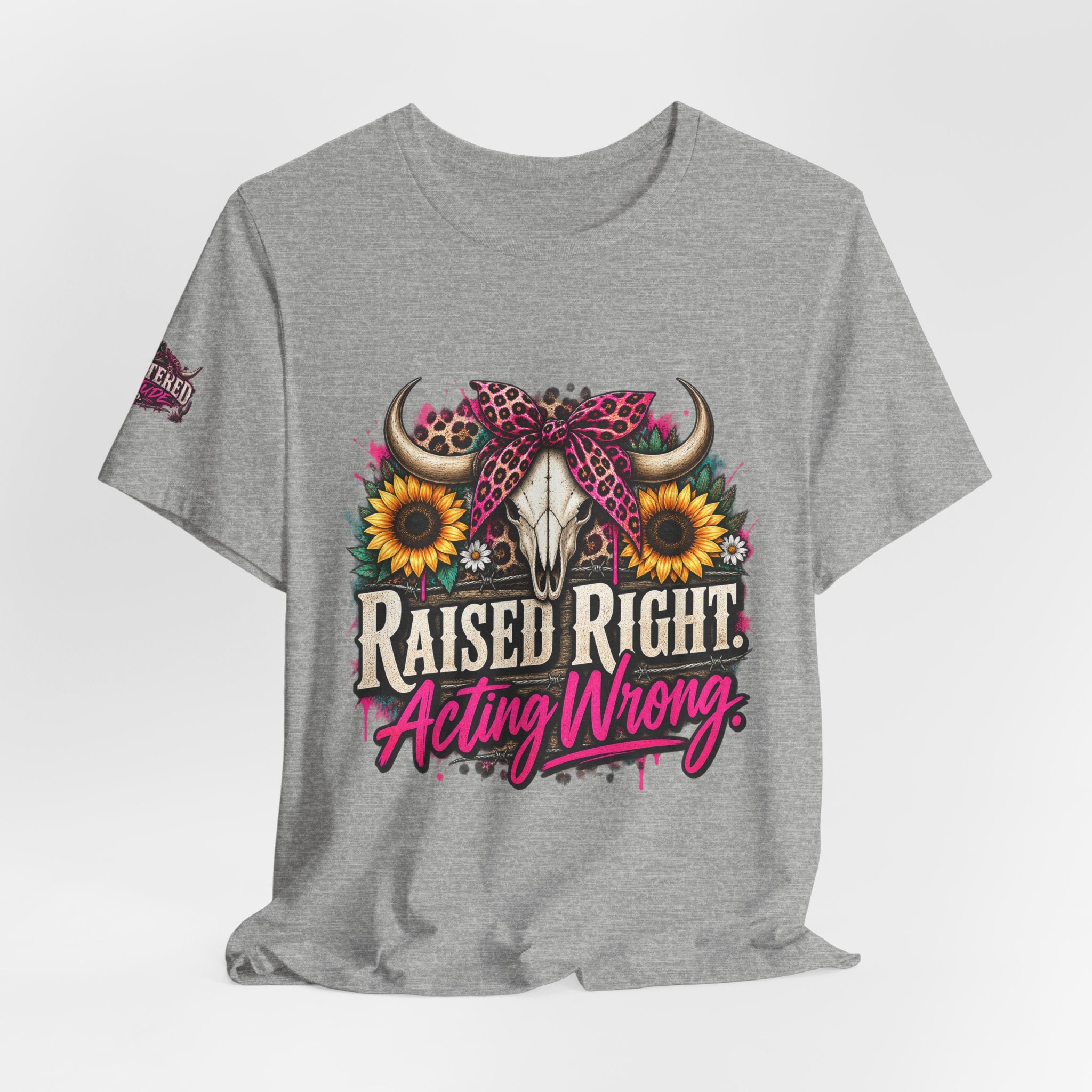 Raised Right Acting Wrong Tee — Cow Skull, Sunflower & Leopard Bandana Graphic Shirt