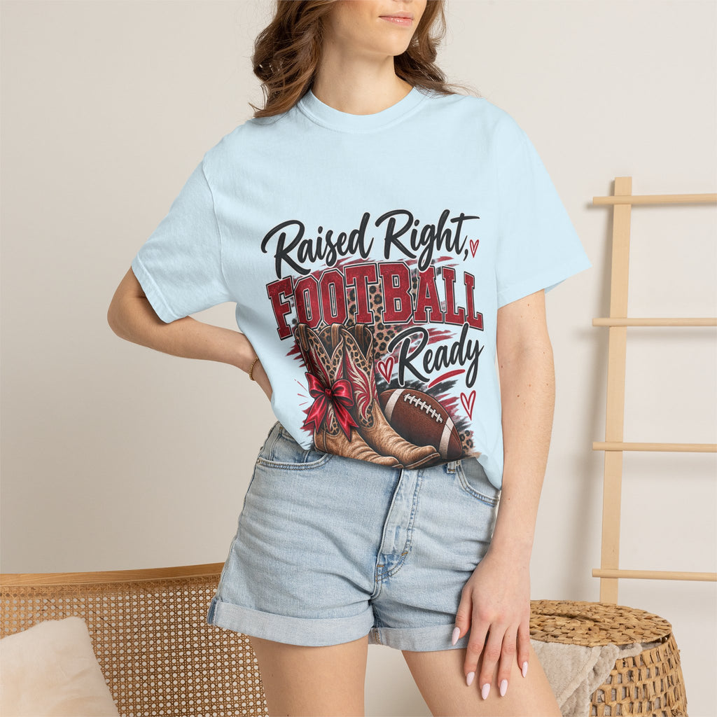 Raised Right Football Ready T‑Shirt — Cowboy Boots & Football Mom Tee