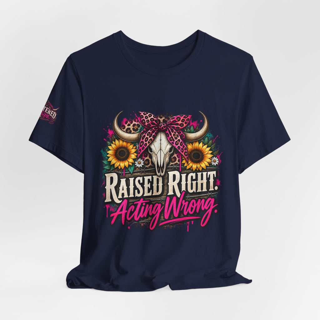 Raised Right Acting Wrong Tee — Cow Skull, Sunflower & Leopard Bandana Graphic Shirt