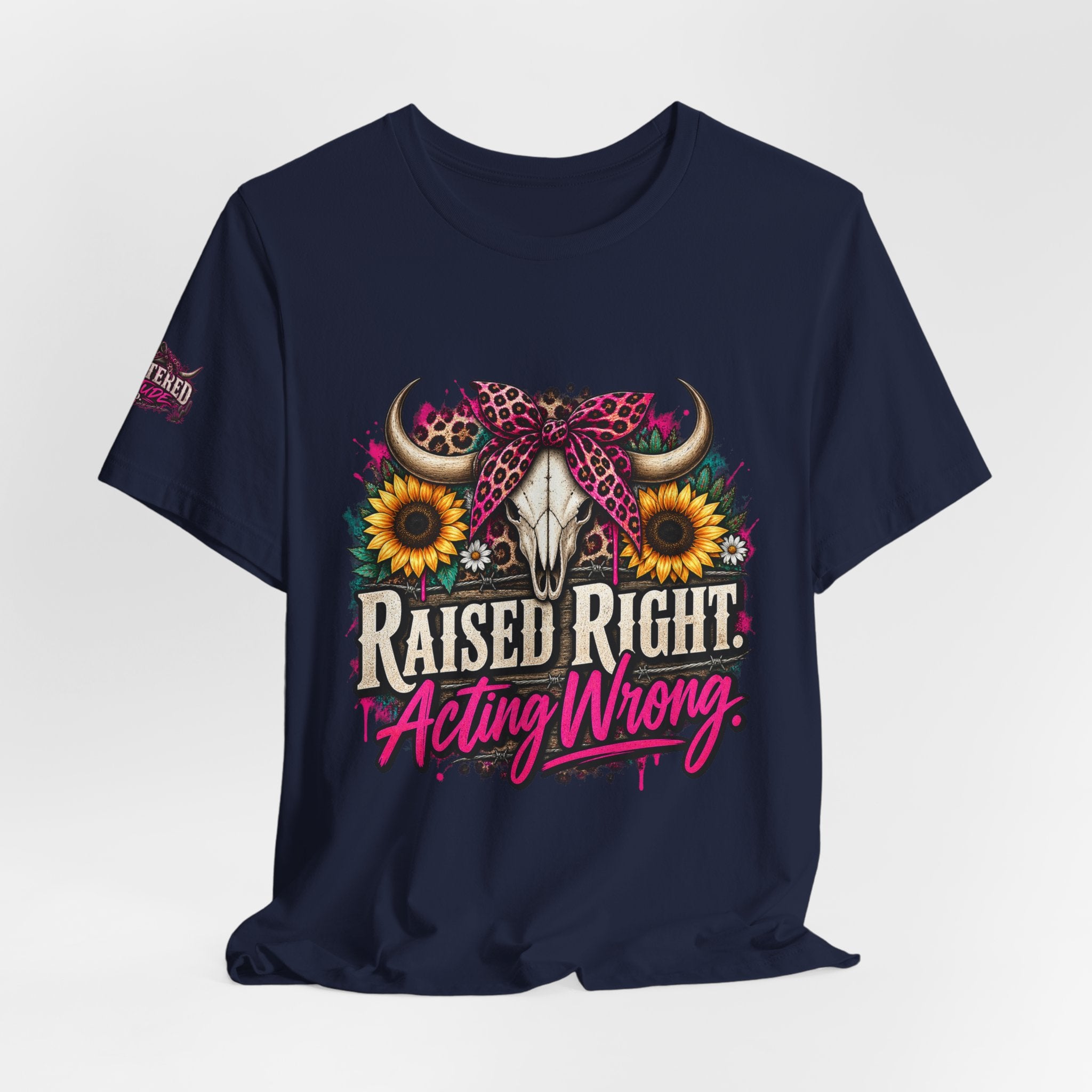 Raised Right Acting Wrong Tee — Cow Skull, Sunflower & Leopard Bandana Graphic Shirt