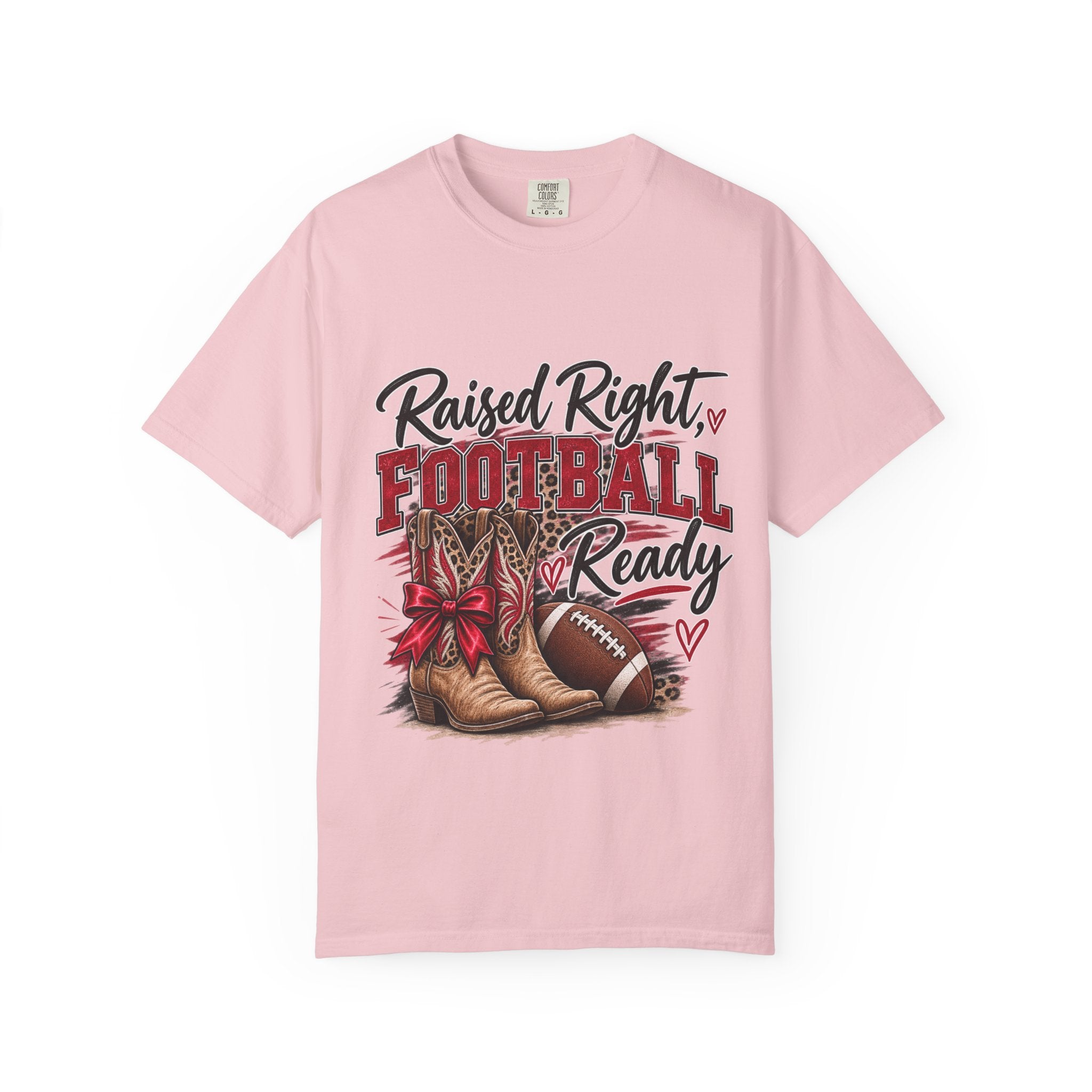 Raised Right Football Ready T‑Shirt — Cowboy Boots & Football Mom Tee