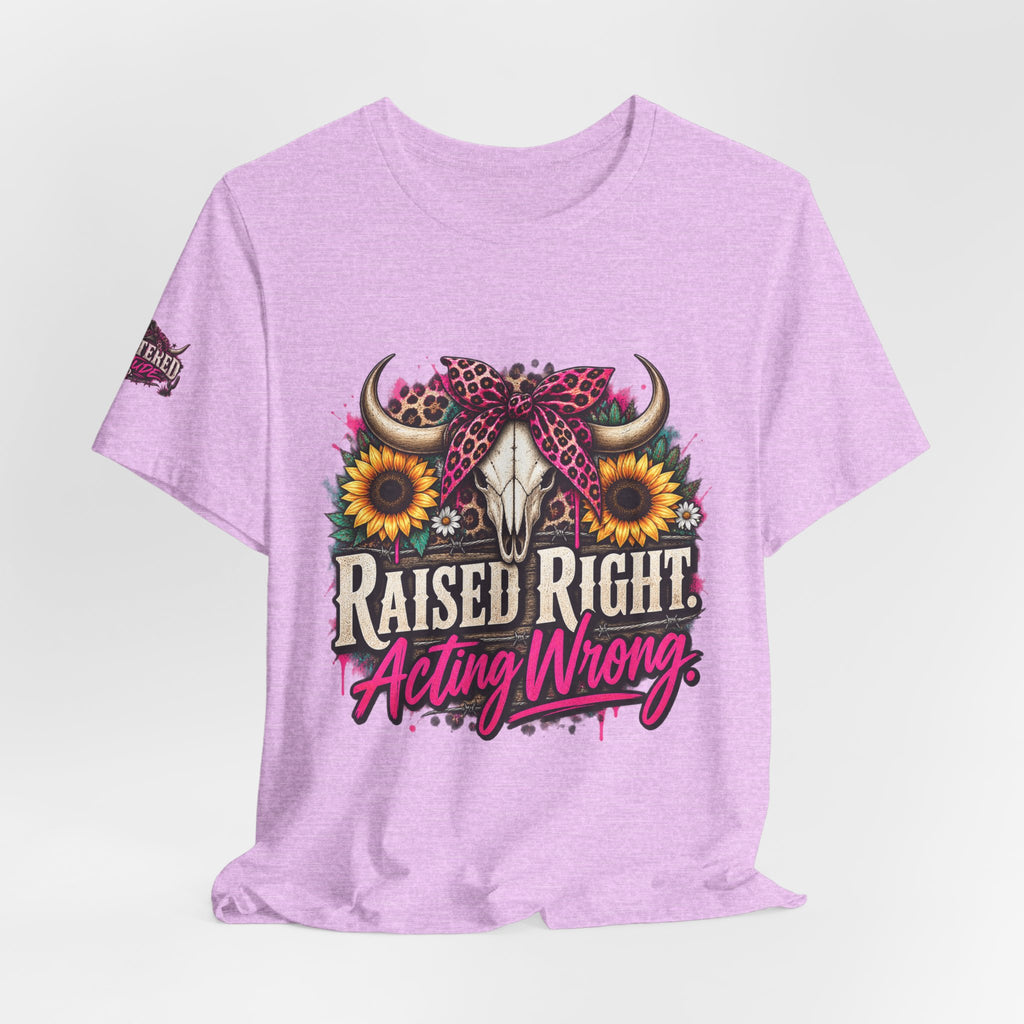 Raised Right Acting Wrong Tee — Cow Skull, Sunflower & Leopard Bandana Graphic Shirt