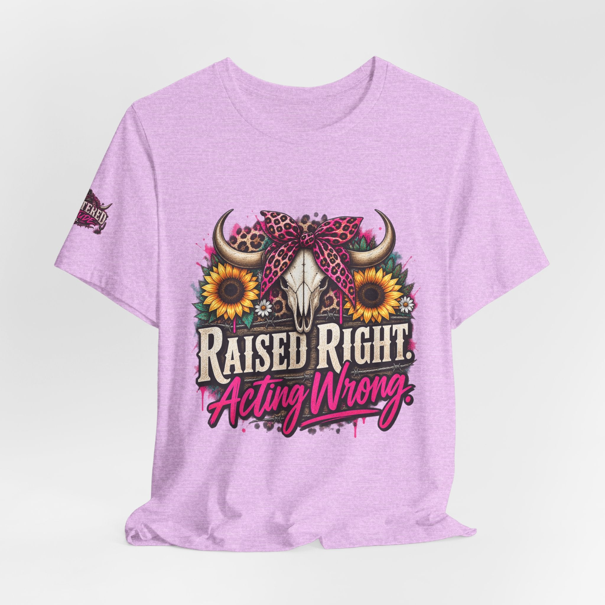 Raised Right Acting Wrong Tee — Cow Skull, Sunflower & Leopard Bandana Graphic Shirt