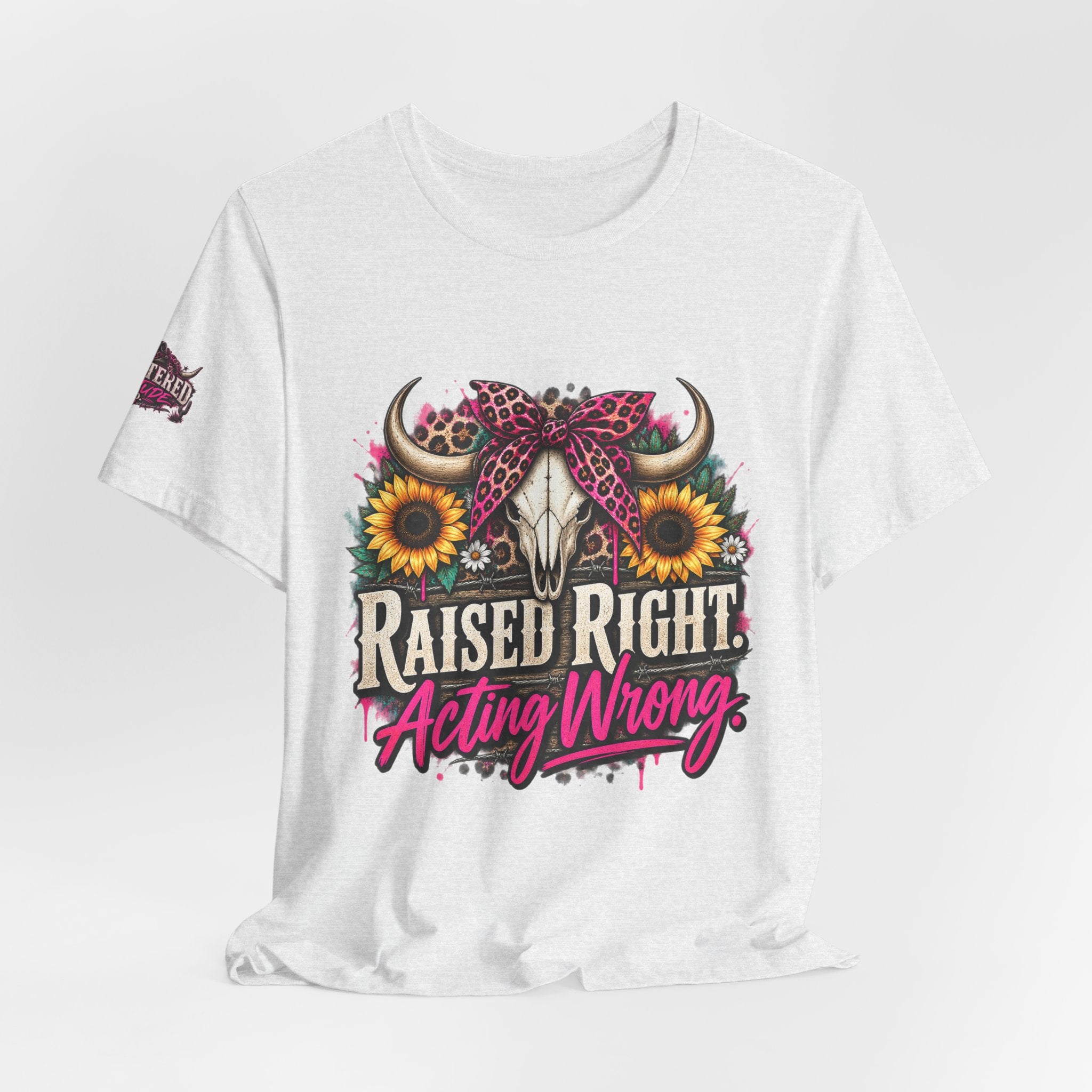 Raised Right Acting Wrong Tee — Cow Skull, Sunflower & Leopard Bandana Graphic Shirt