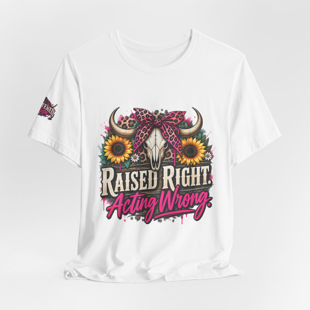 Raised Right Acting Wrong Tee — Cow Skull, Sunflower & Leopard Bandana Graphic Shirt