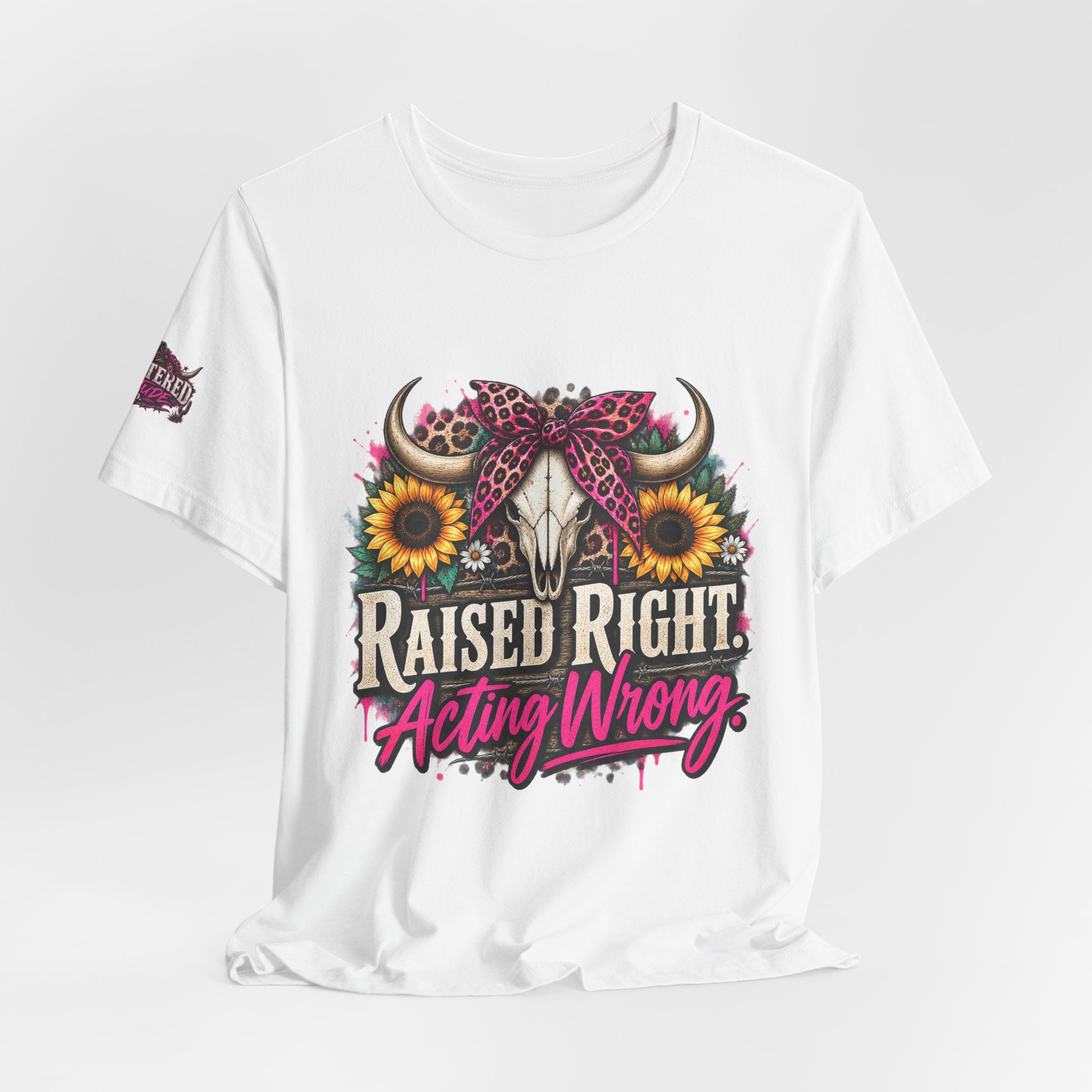 Raised Right Acting Wrong Tee — Cow Skull, Sunflower & Leopard Bandana Graphic Shirt