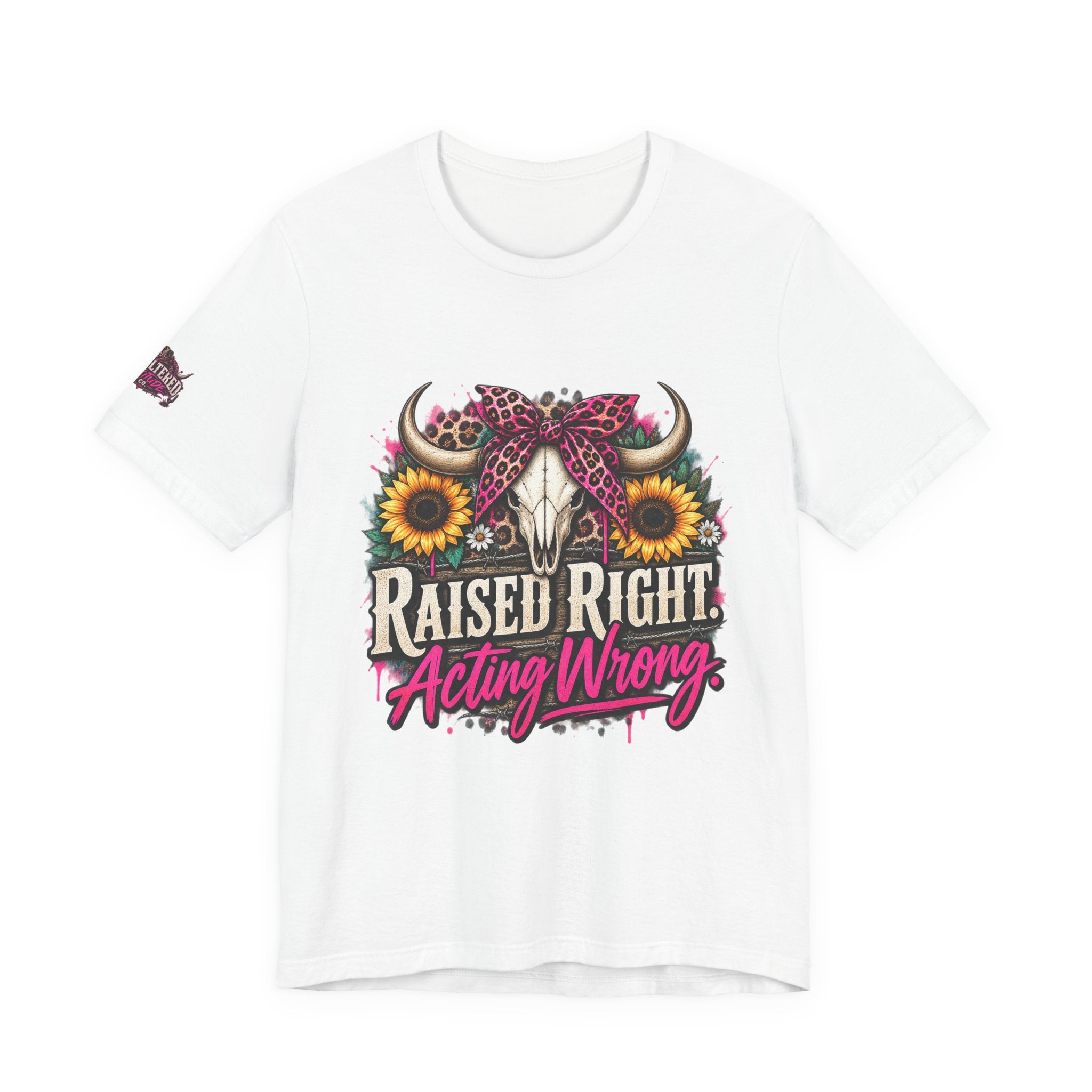 Raised Right Acting Wrong Tee — Cow Skull, Sunflower & Leopard Bandana Graphic Shirt