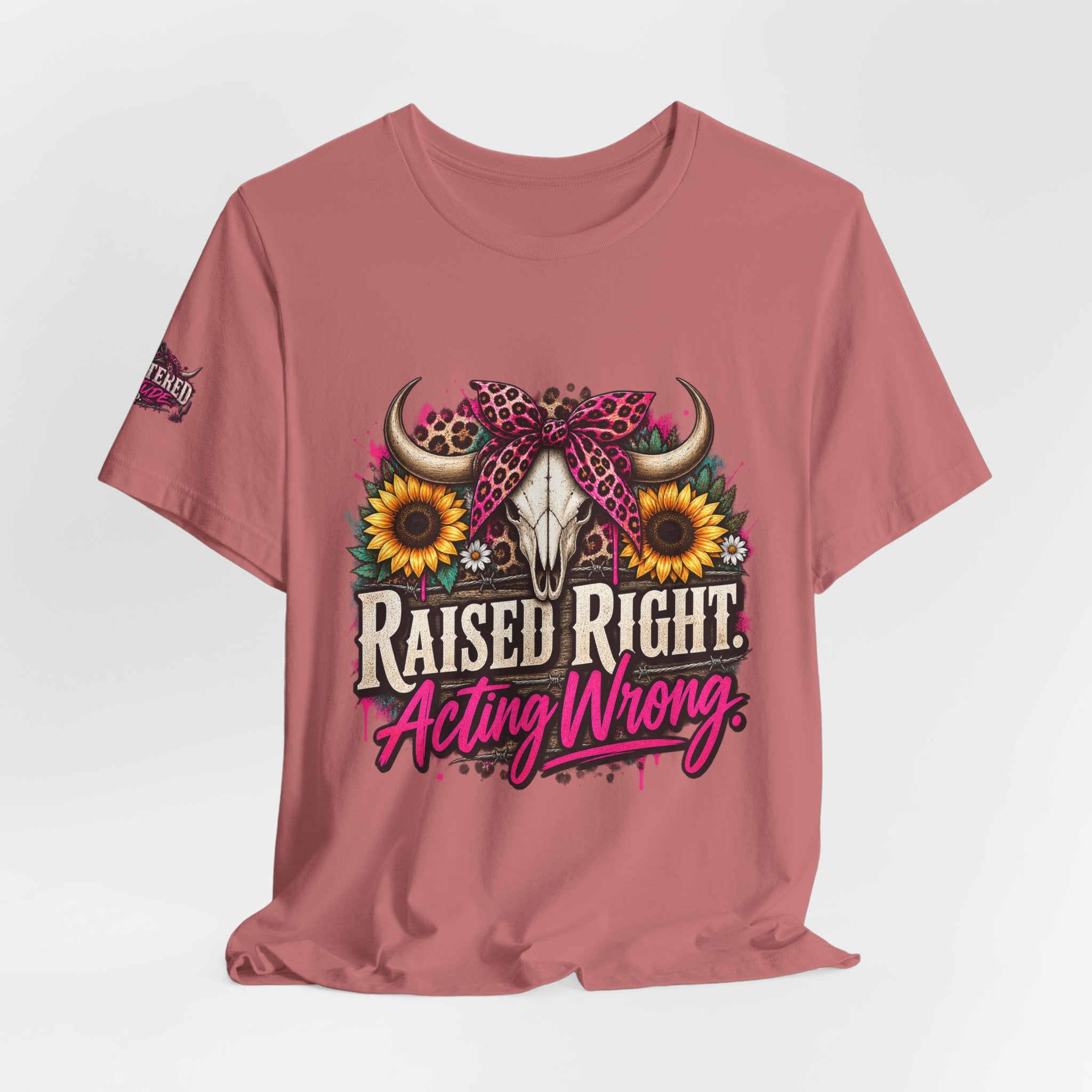 Raised Right Acting Wrong Tee — Cow Skull, Sunflower & Leopard Bandana Graphic Shirt