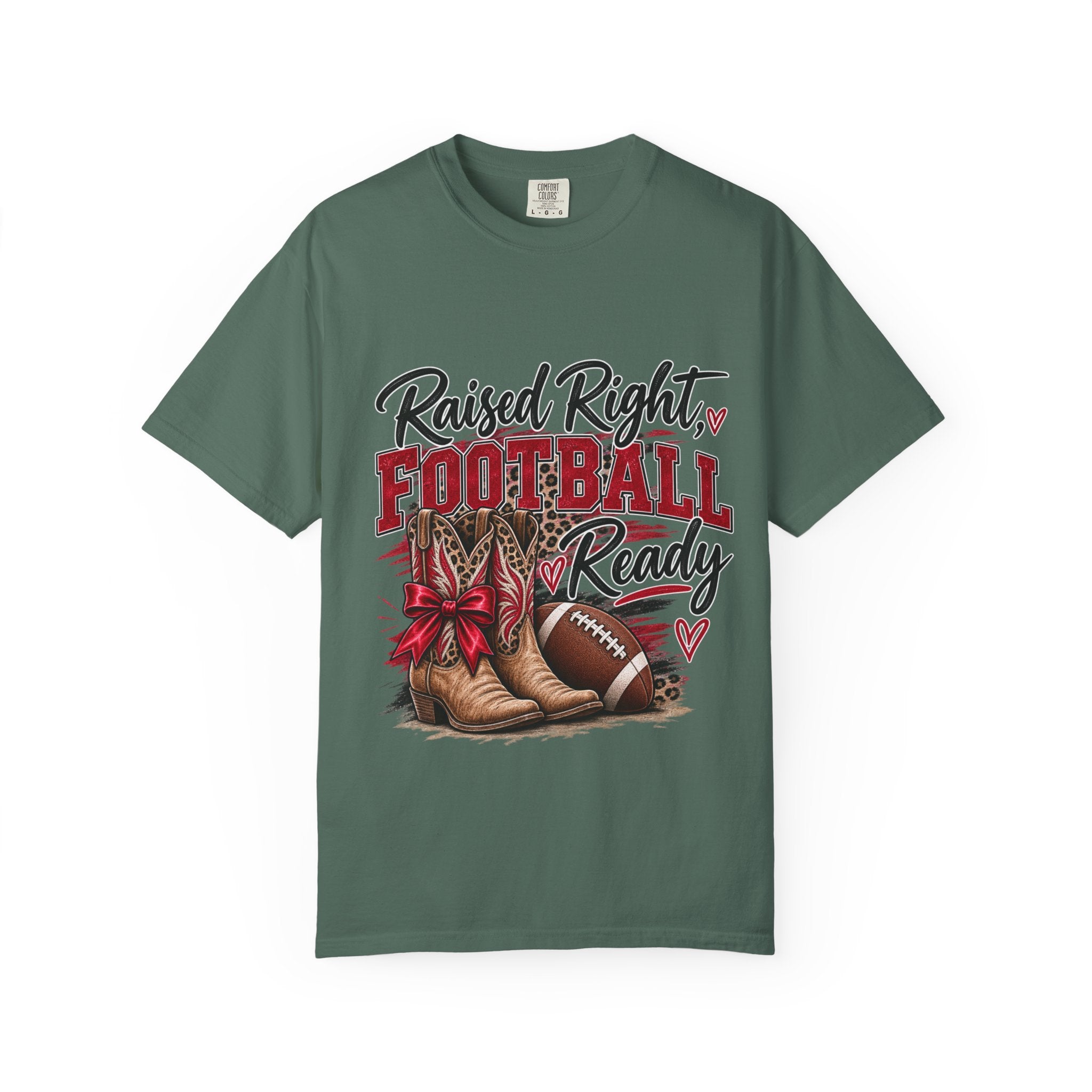 Raised Right Football Ready T‑Shirt — Cowboy Boots & Football Mom Tee