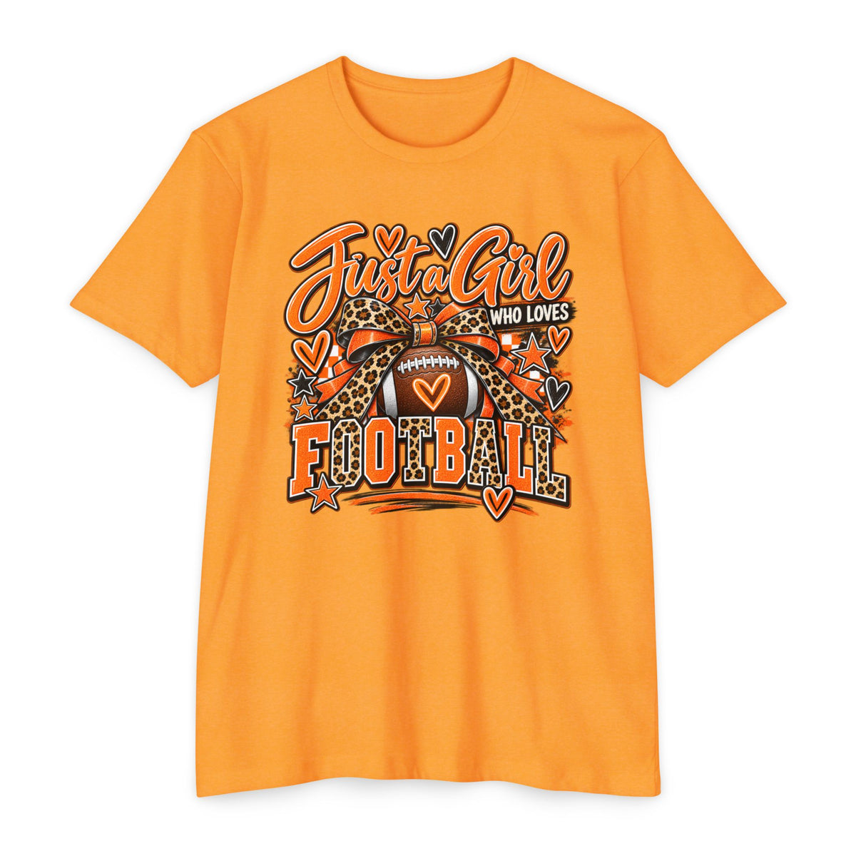 Just a Girl Who Loves Football – Orange & White Game Day Graphic Tee