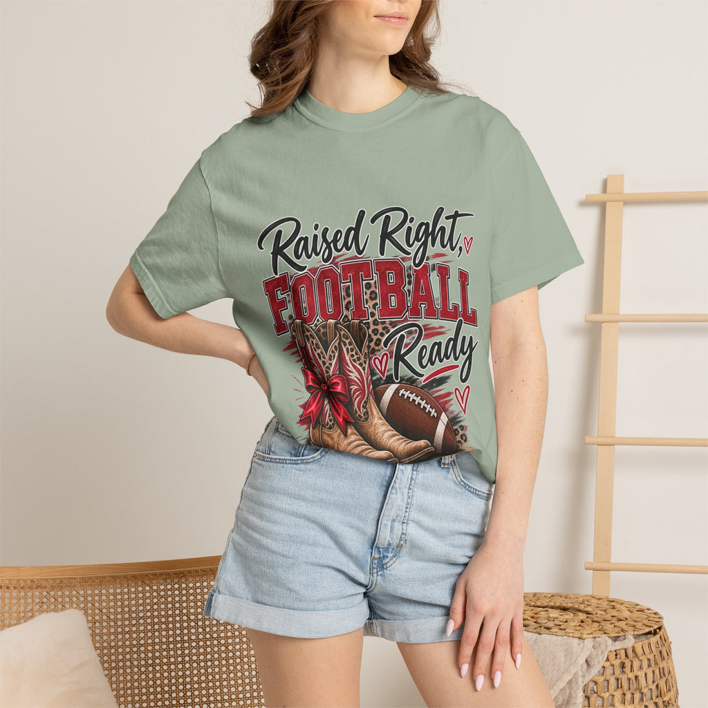 Raised Right Football Ready T‑Shirt — Cowboy Boots & Football Mom Tee