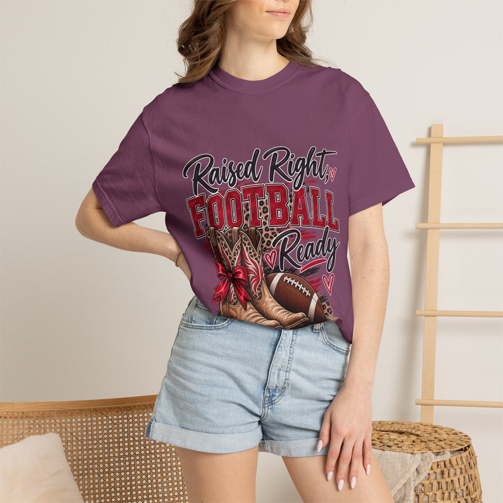 Raised Right Football Ready T‑Shirt — Cowboy Boots & Football Mom Tee