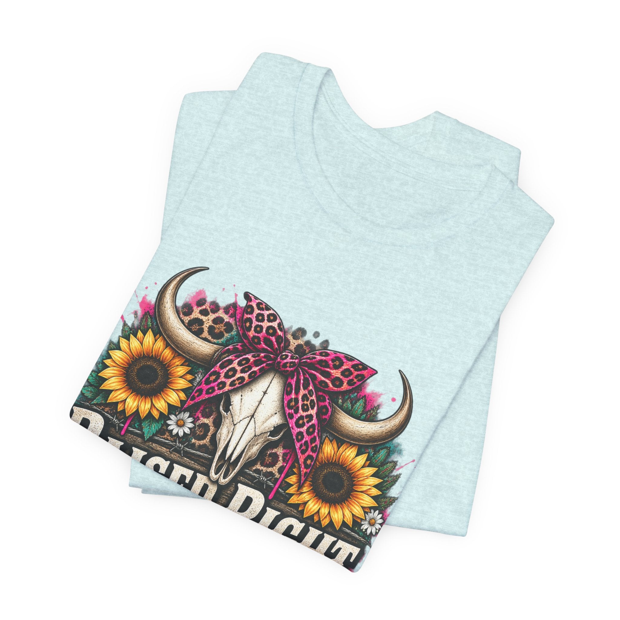 Raised Right Acting Wrong Tee — Cow Skull, Sunflower & Leopard Bandana Graphic Shirt