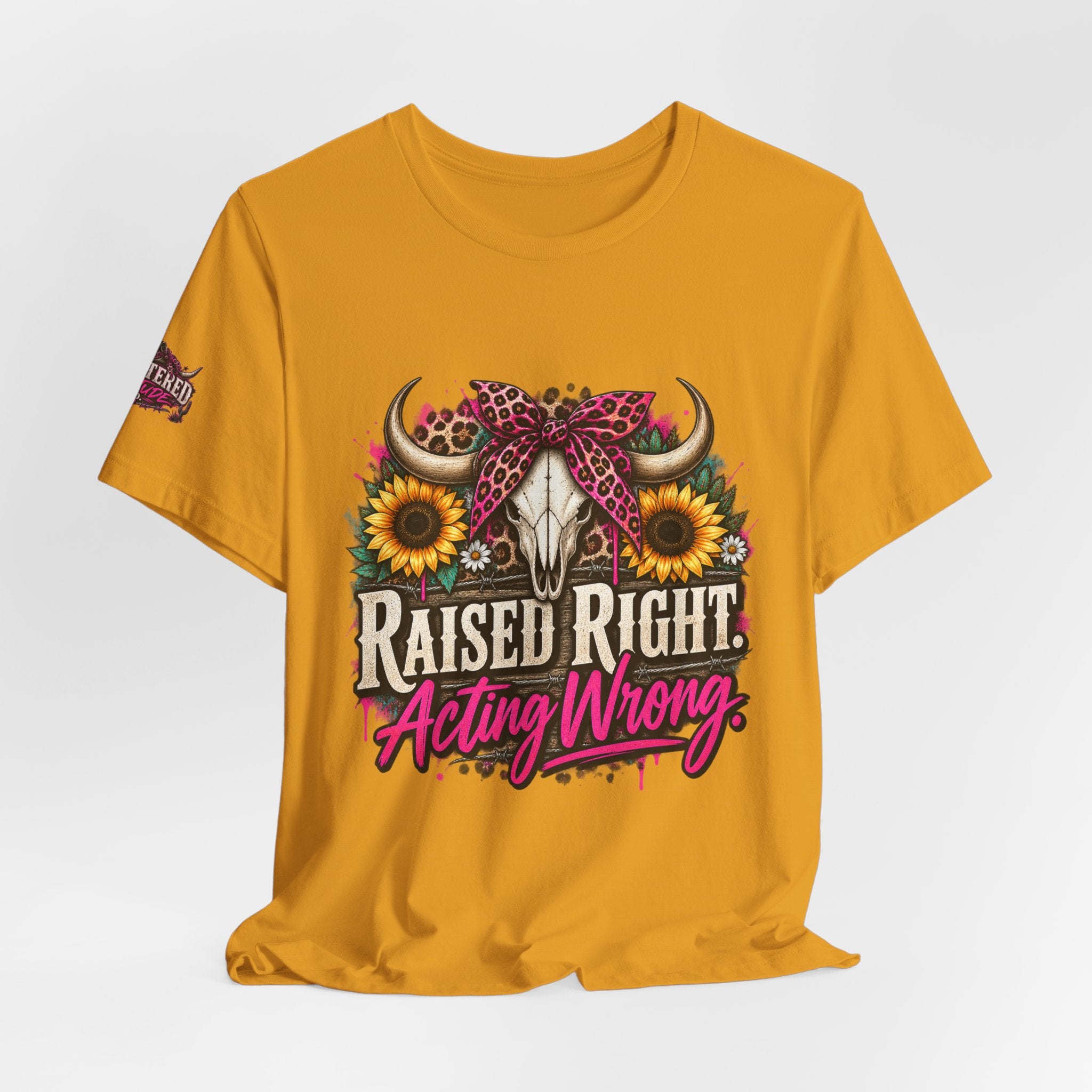 Raised Right Acting Wrong Tee — Cow Skull, Sunflower & Leopard Bandana Graphic Shirt