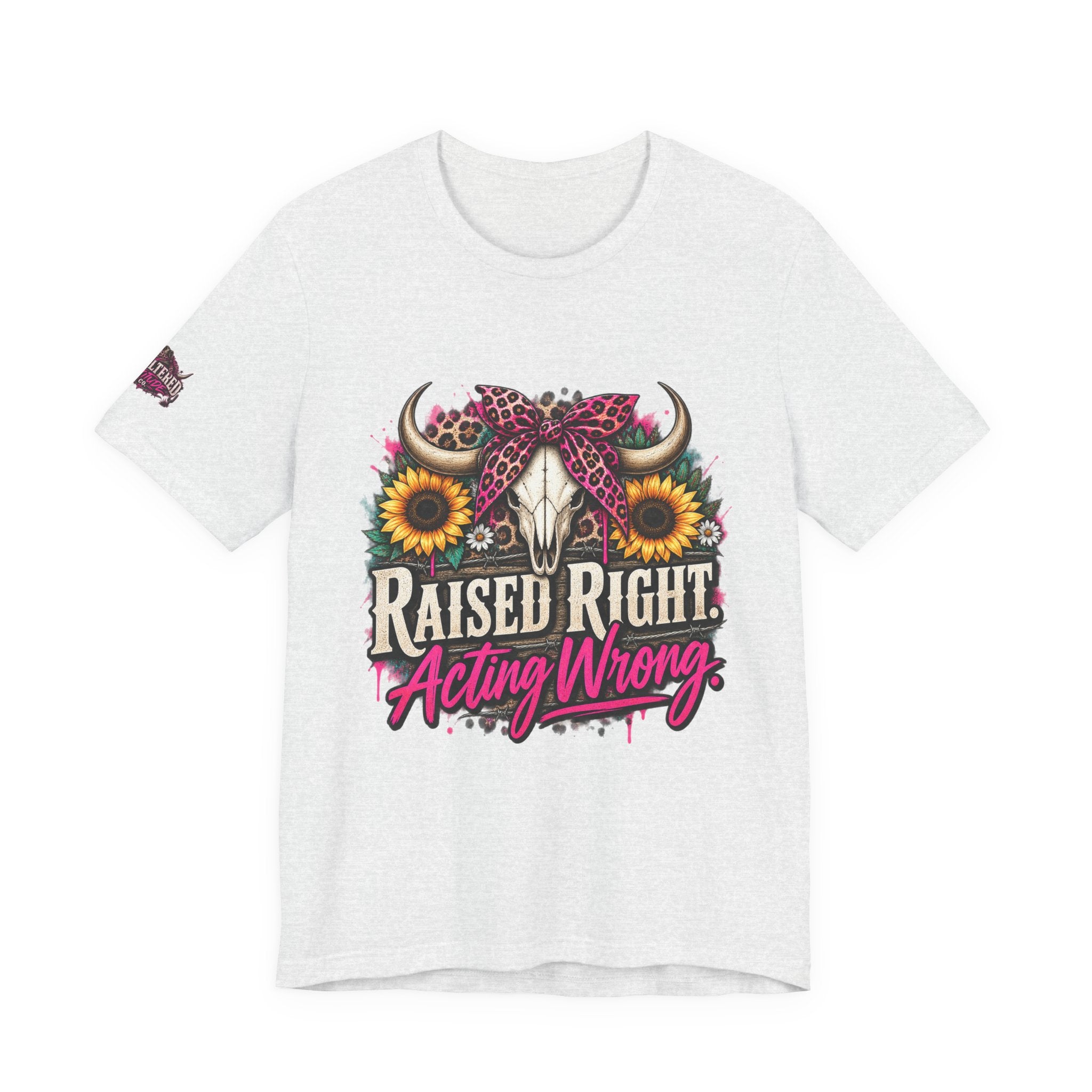 Raised Right Acting Wrong Tee — Cow Skull, Sunflower & Leopard Bandana Graphic Shirt