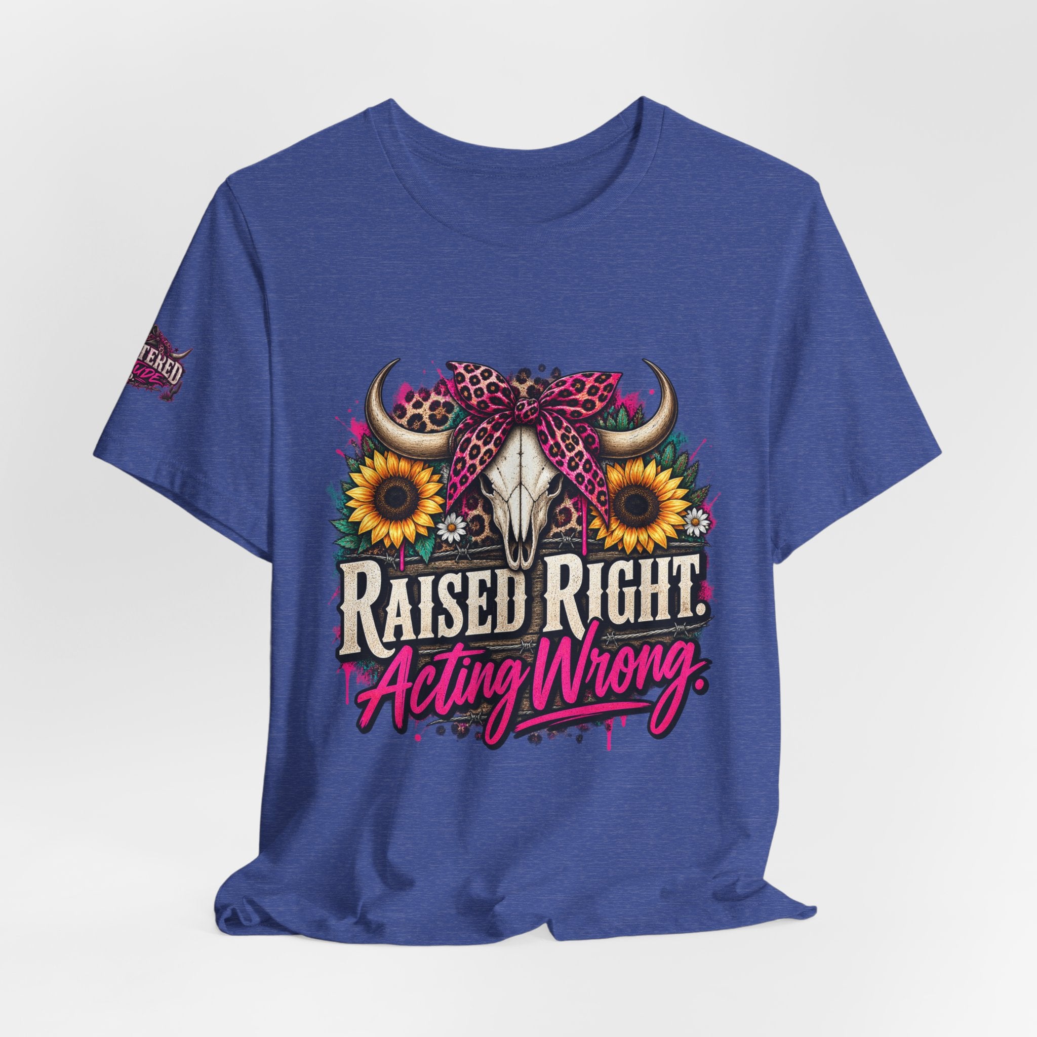 Raised Right Acting Wrong Tee — Cow Skull, Sunflower & Leopard Bandana Graphic Shirt