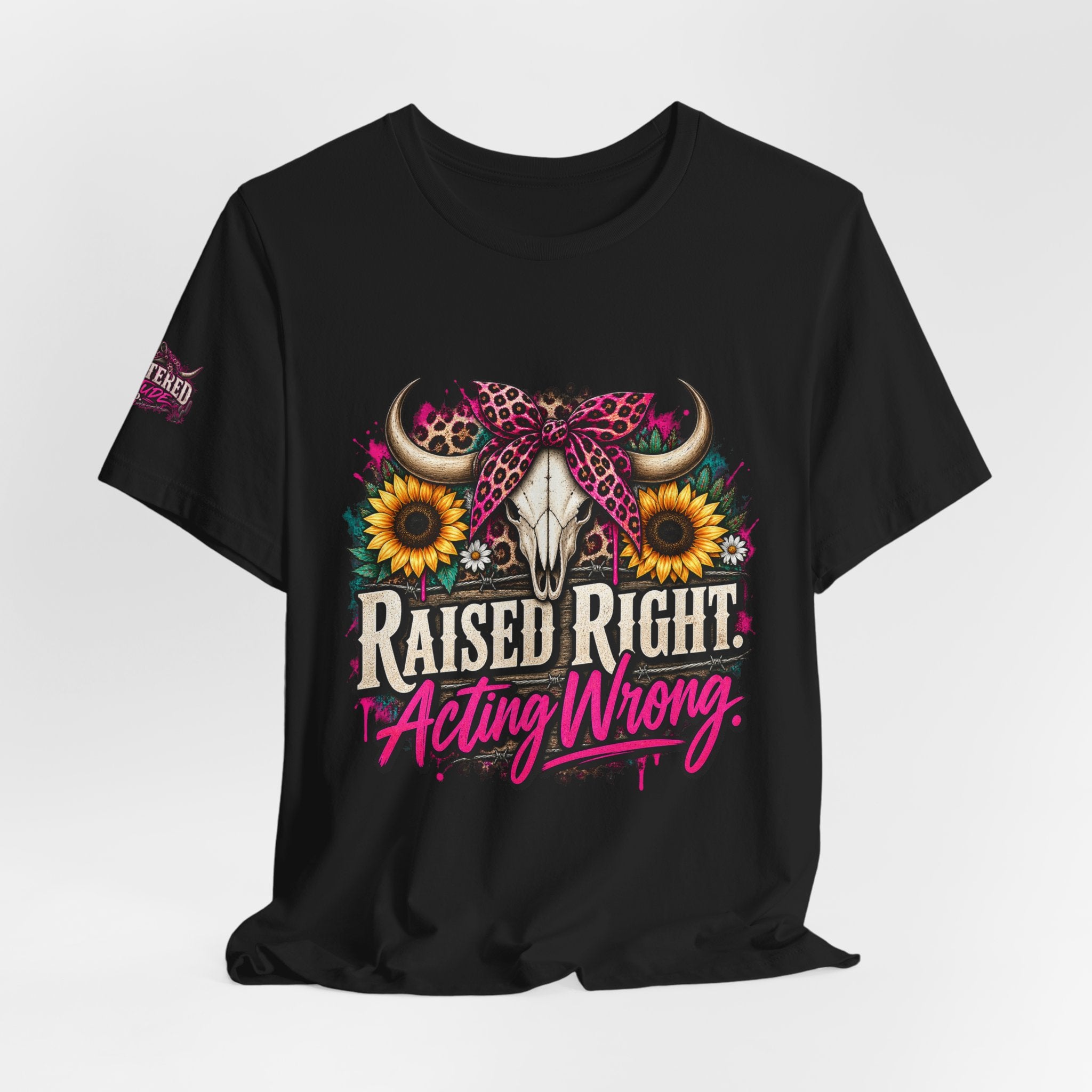 Raised Right Acting Wrong Tee — Cow Skull, Sunflower & Leopard Bandana Graphic Shirt