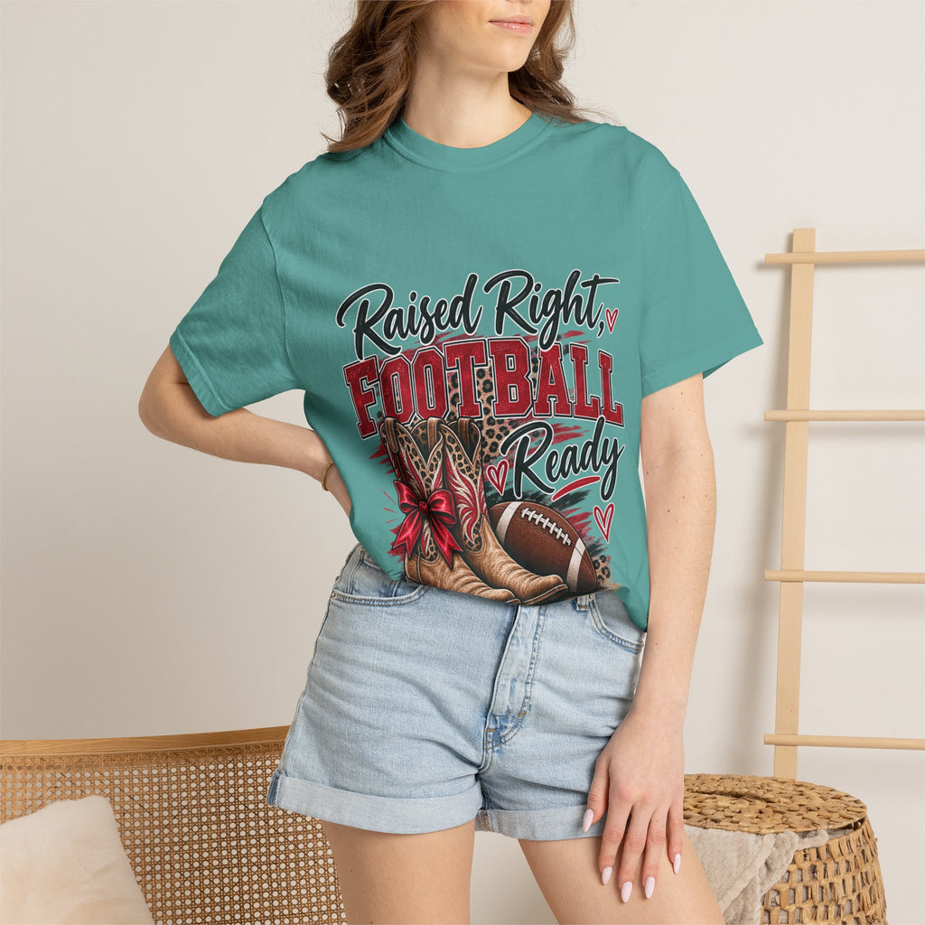 Raised Right Football Ready T‑Shirt — Cowboy Boots & Football Mom Tee