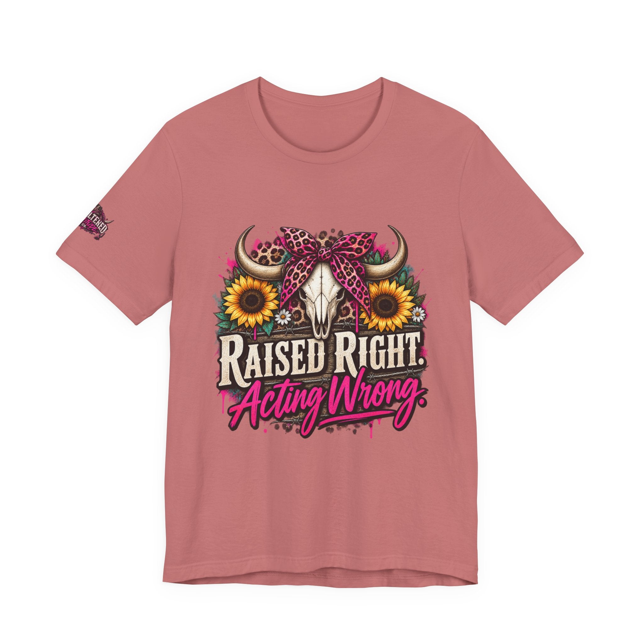 Raised Right Acting Wrong Tee — Cow Skull, Sunflower & Leopard Bandana Graphic Shirt