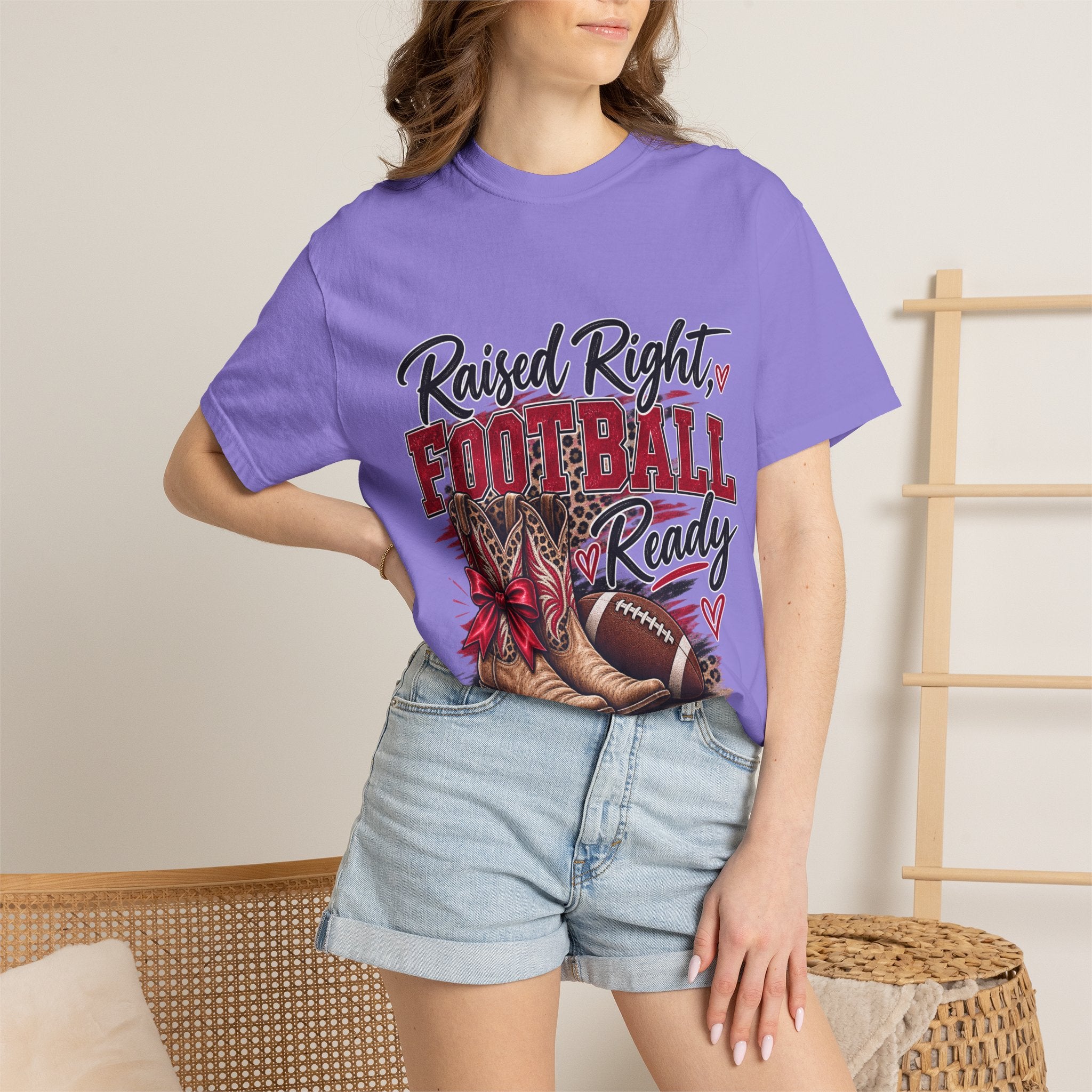 Raised Right Football Ready T‑Shirt — Cowboy Boots & Football Mom Tee