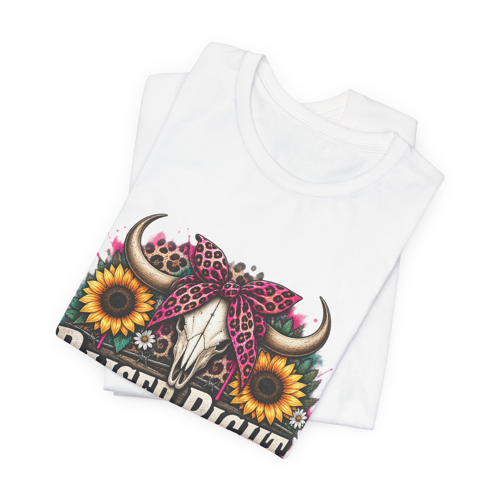 Raised Right Acting Wrong Tee — Cow Skull, Sunflower & Leopard Bandana Graphic Shirt