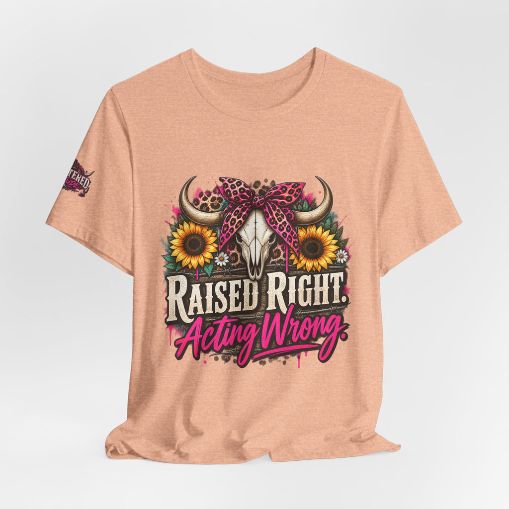 Raised Right Acting Wrong Tee — Cow Skull, Sunflower & Leopard Bandana Graphic Shirt
