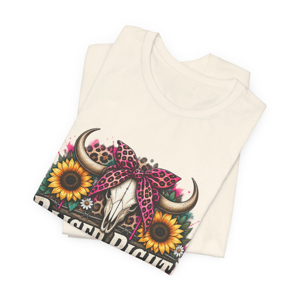 Raised Right Acting Wrong Tee — Cow Skull, Sunflower & Leopard Bandana Graphic Shirt