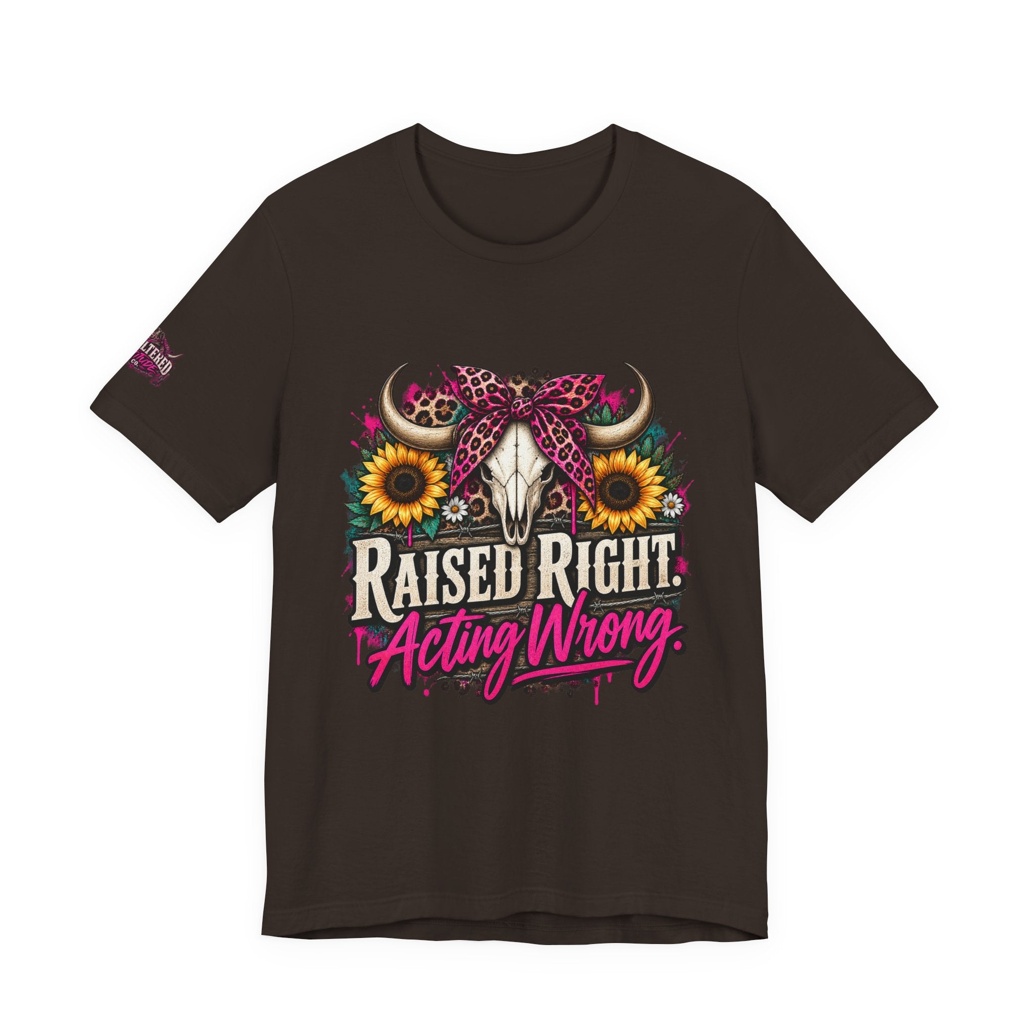 Raised Right Acting Wrong Tee — Cow Skull, Sunflower & Leopard Bandana Graphic Shirt