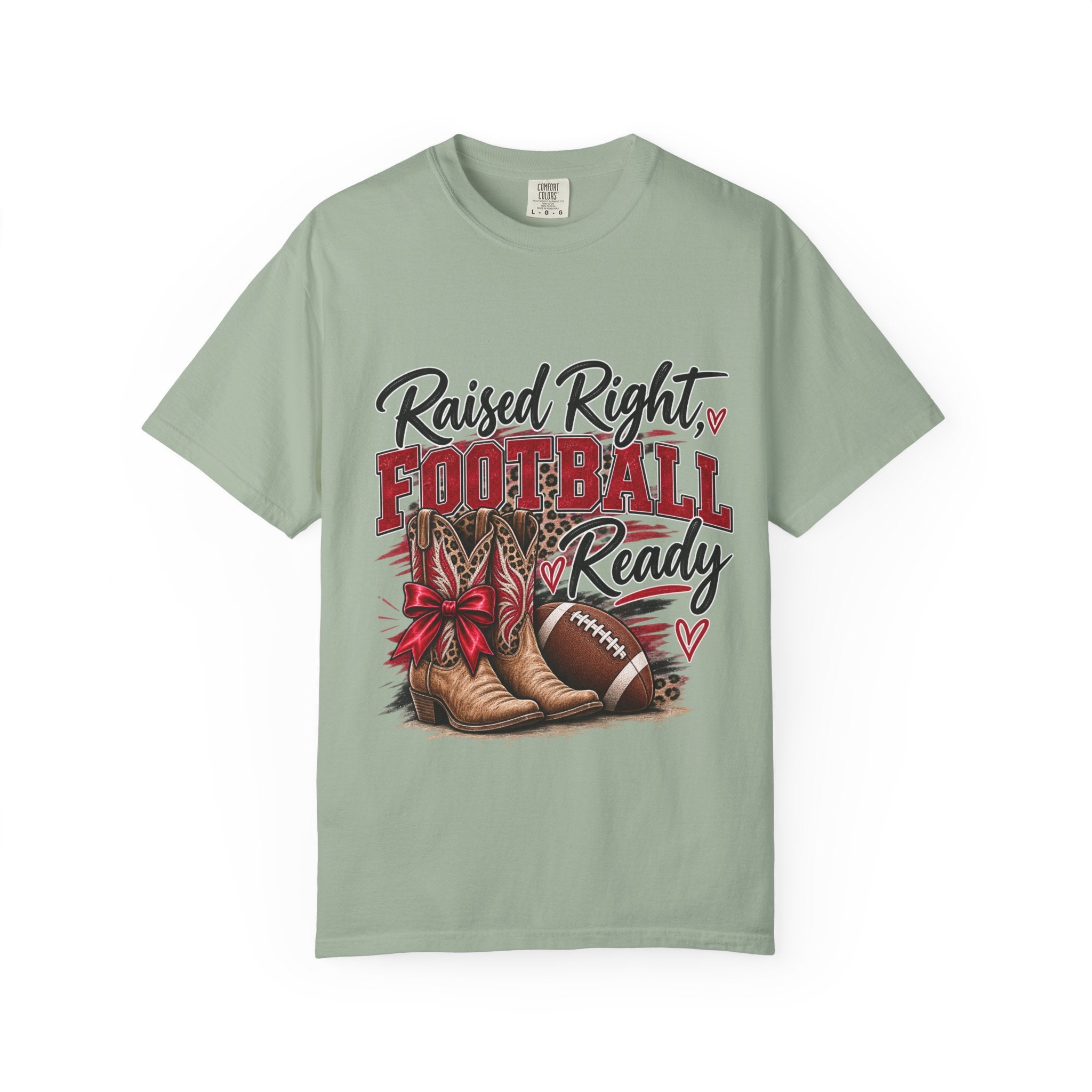 Raised Right Football Ready T‑Shirt — Cowboy Boots & Football Mom Tee