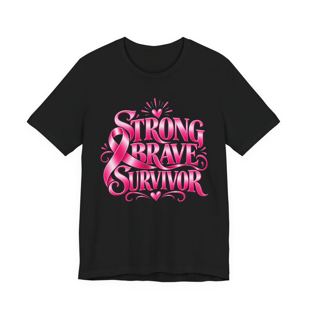 Strong Brave Survivor Breast Cancer Awareness Shirt – Pink Ribbon Heart Back Detail Tee