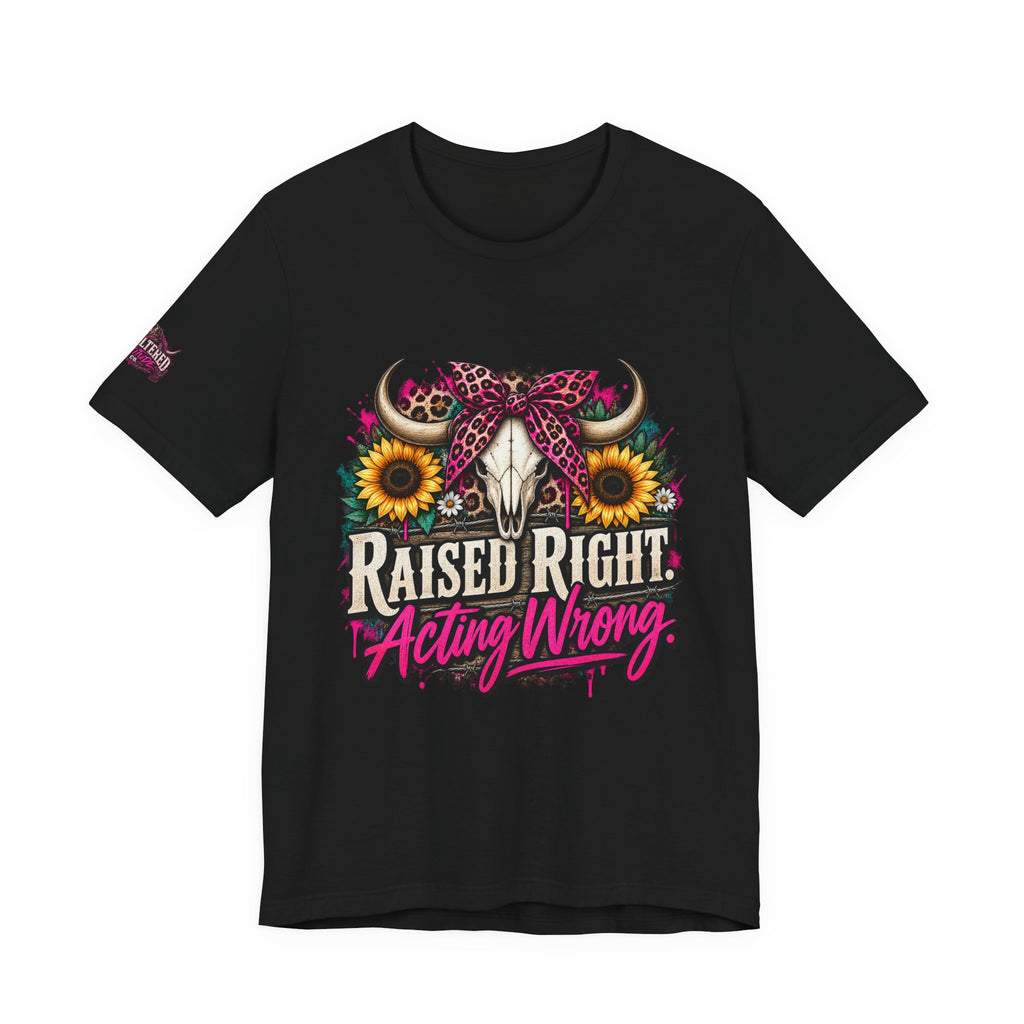 Raised Right Acting Wrong Tee — Cow Skull, Sunflower & Leopard Bandana Graphic Shirt