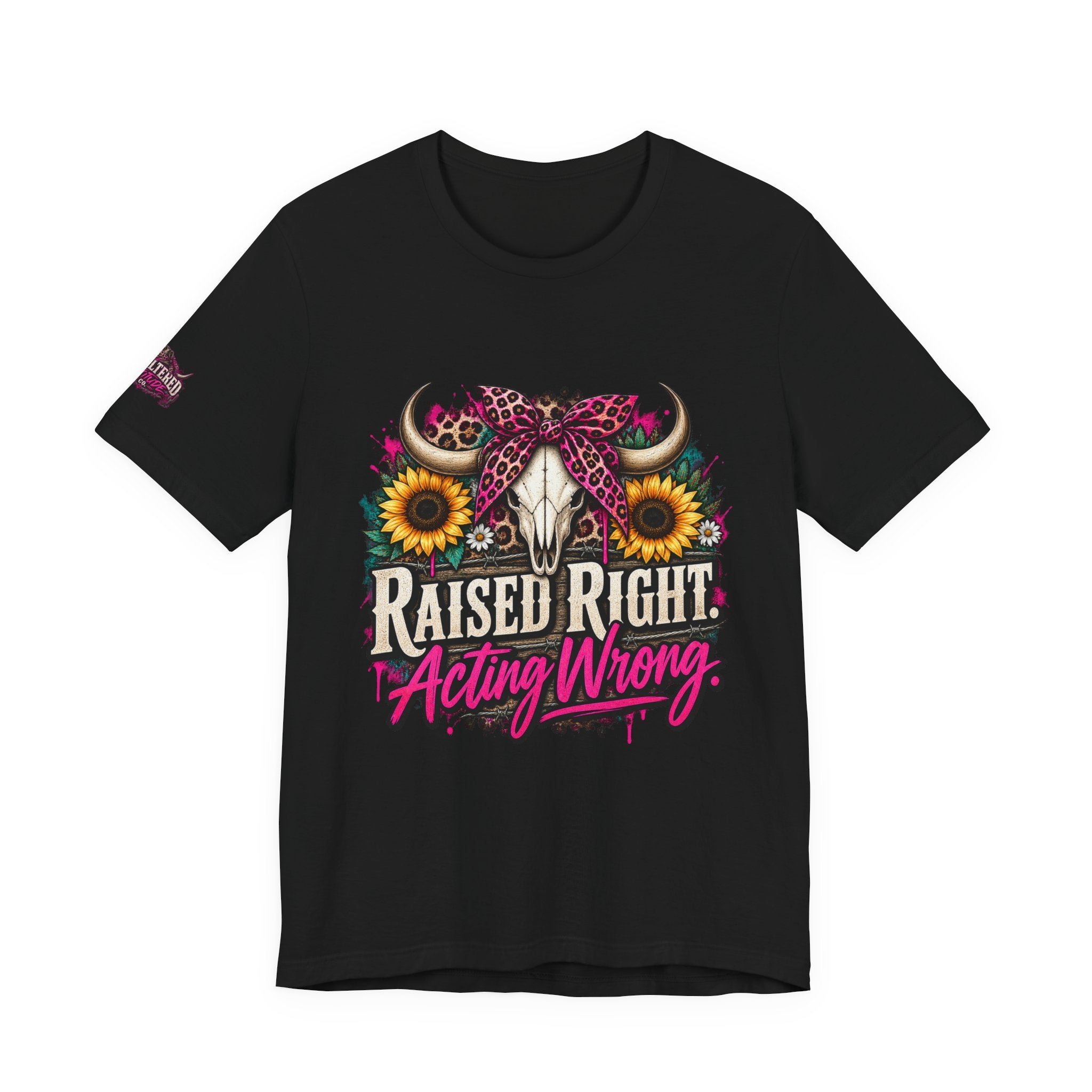 Raised Right Acting Wrong Tee — Cow Skull, Sunflower & Leopard Bandana Graphic Shirt