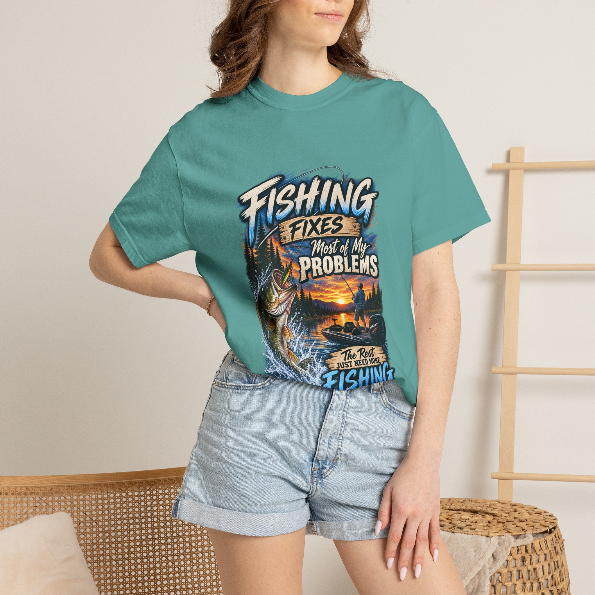 Fishing Fixes Most of My Problems T-Shirt — Bass Sunset Fishing Tee