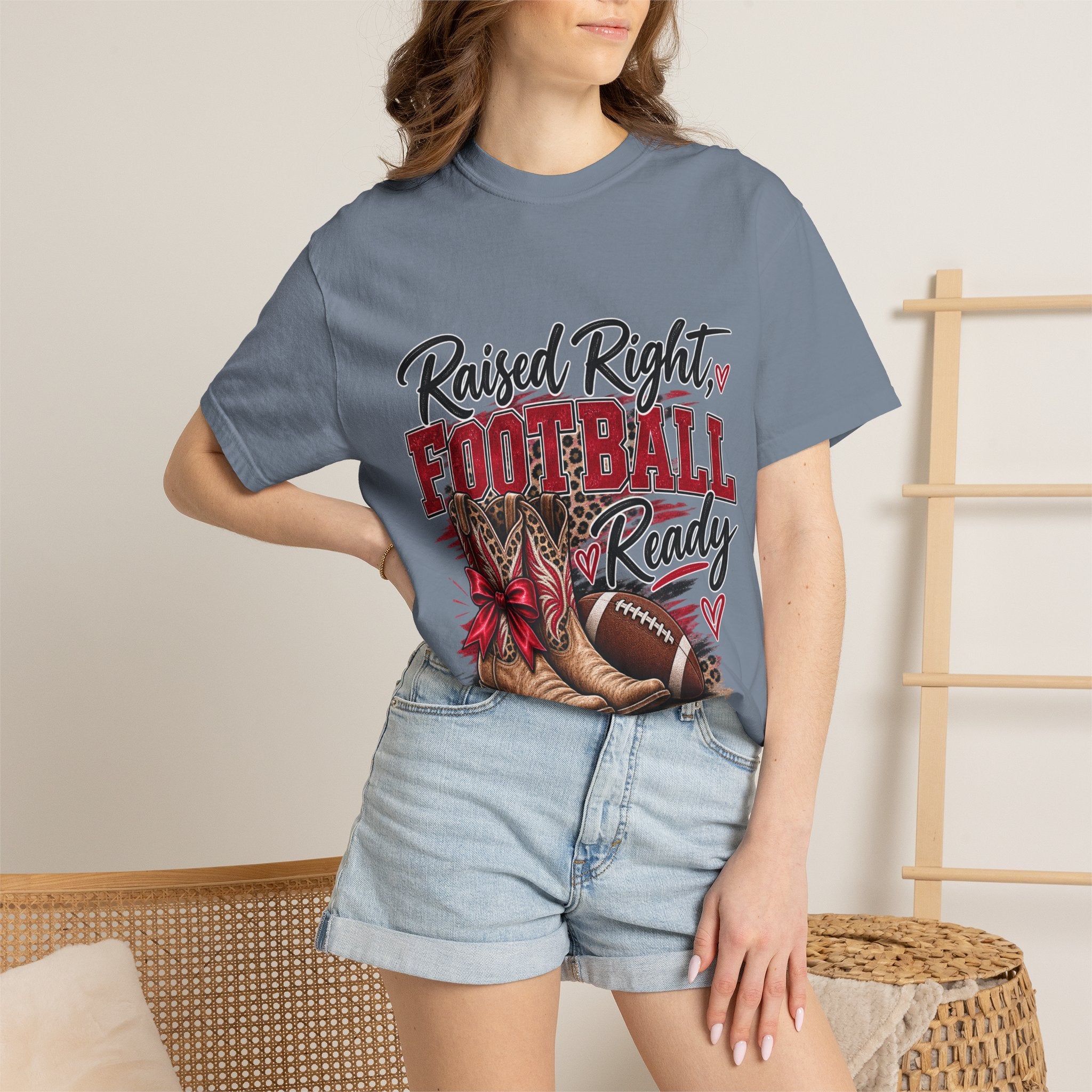 Raised Right Football Ready T‑Shirt — Cowboy Boots & Football Mom Tee