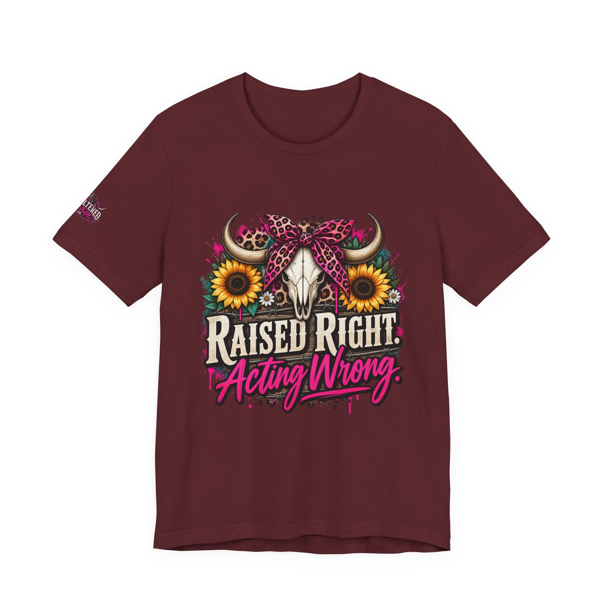 Raised Right Acting Wrong Tee — Cow Skull, Sunflower & Leopard Bandana Graphic Shirt