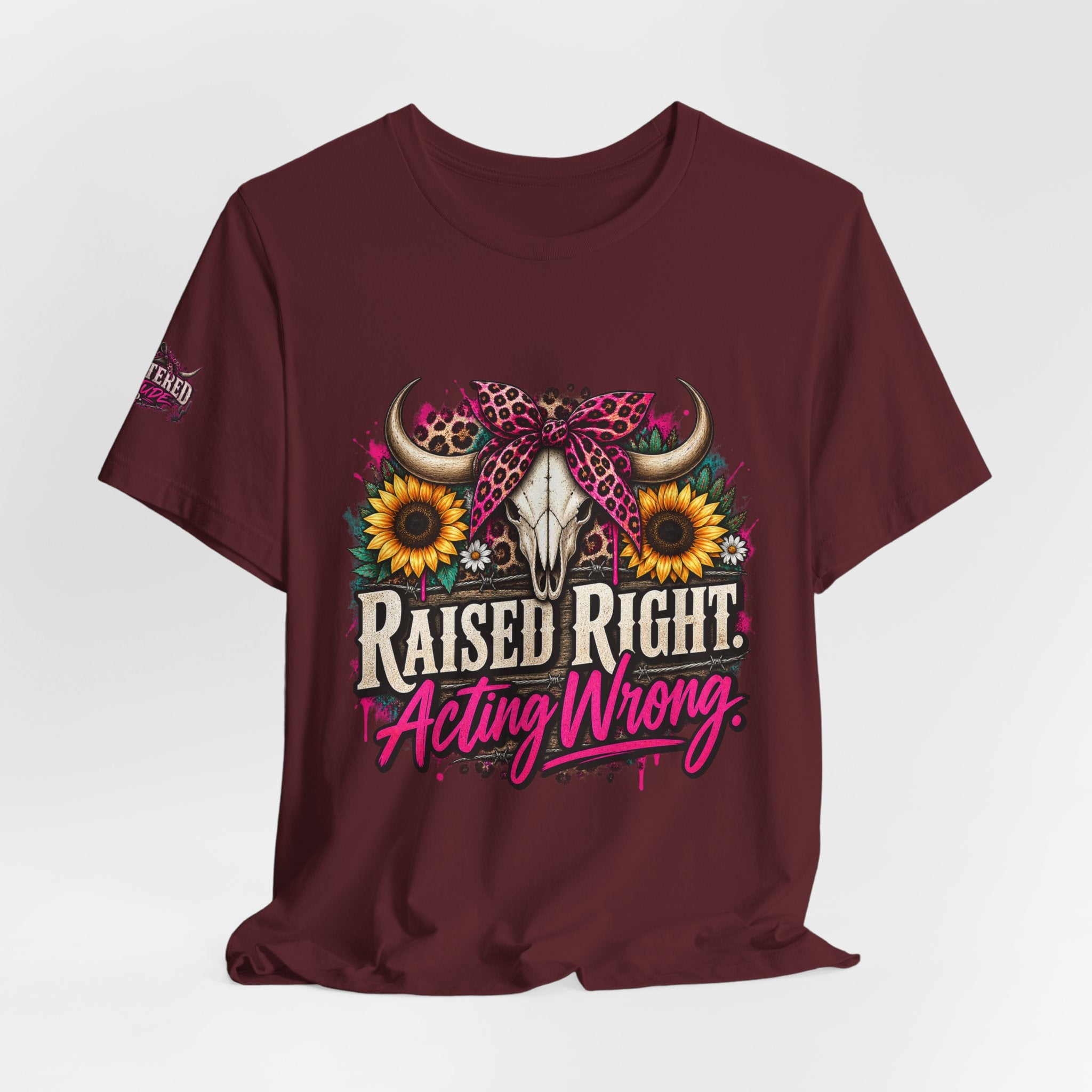Raised Right Acting Wrong Tee — Cow Skull, Sunflower & Leopard Bandana Graphic Shirt